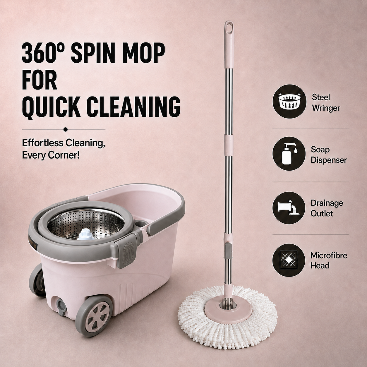 Novita Premium 360° Spin Mop Bucket Set | Steel Jali with Heavy Smart System | Easy Rinse | Telescopic Microfiber Mop & Soap Dispenser |1+1 Refill | Pocha | Big Wheels | Removes Over 99%* Bacteria