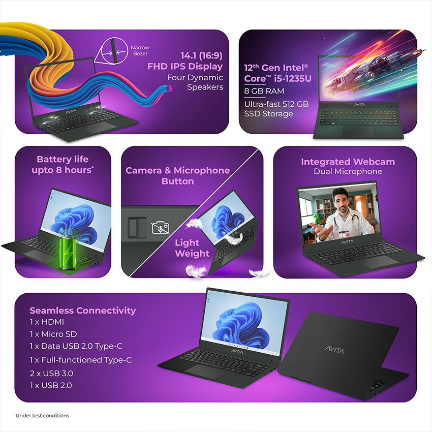 AVITA Liber E 12th Gen Intel core i5 Upto 4.40 GHz 8GB RAM 512GB SSD Expandable Upto 2TB  Windows 11 Home Thin & Light Black 1.84 Kg