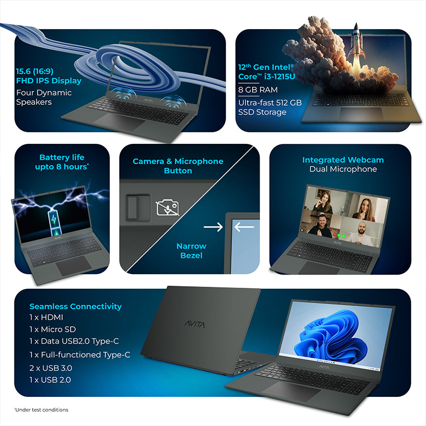 AVITA Liber E 12th Gen Intel core i3 Upto 4.40 GHz 8GB RAM 512GB SSD Expandable Upto 2TB  Windows 11 Home Thin & Light Black 1.84 Kg