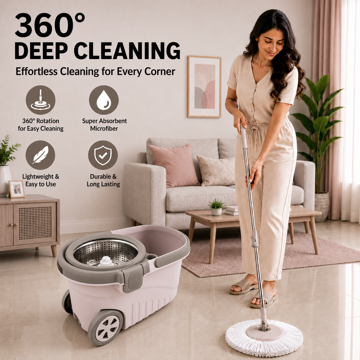 Novita Premium 360° Spin Mop Bucket Set | Steel Jali with Heavy Smart System | Easy Rinse | Telescopic Microfiber Mop & Soap Dispenser |1+1 Refill | Pocha | Big Wheels | Removes Over 99%* Bacteria