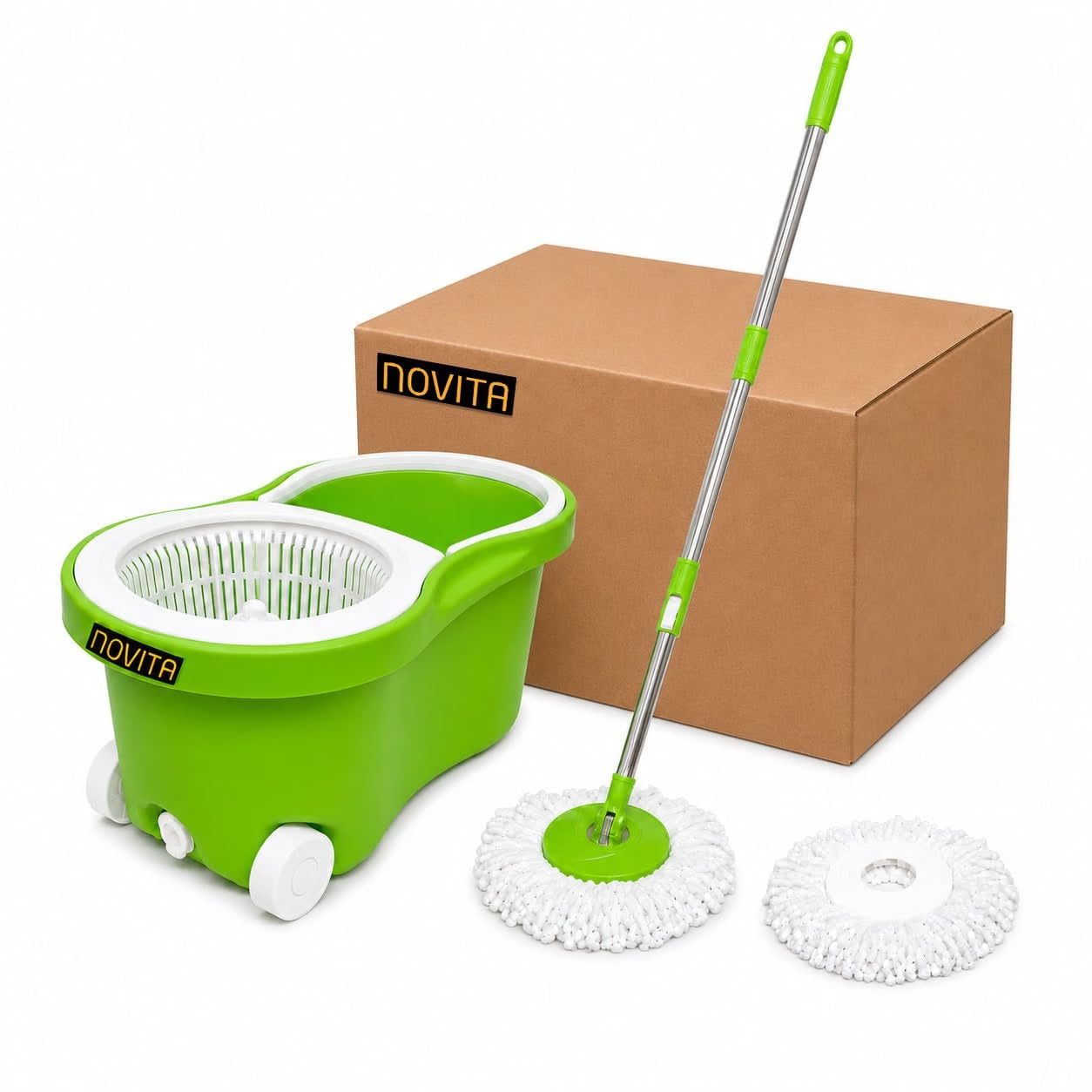 Novita 360° Spin Mop Bucket Set | Plastic Jali with Heavy Smart System | Easy Rinse | Telescopic Microfiber Mop |1+1 Refill | Pocha | Big Wheels | Removes Over 99%* Bacteria- (Green)
