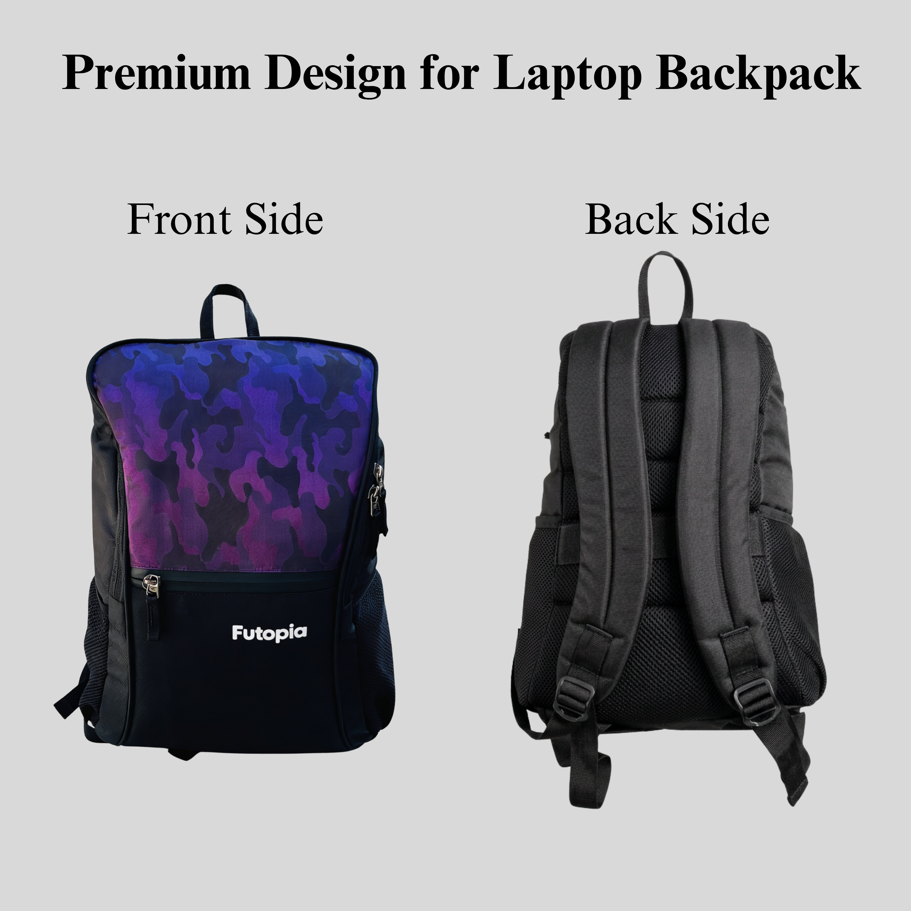 Futopia Premium Design 35L Capacity Backpack With Fit 17.3 Inch Laptop, 1 Large Storage, 1 Front Zipp | 2 Side Bottle Pocket For Men And Women, Unisex - Perfect For Office & College - Grey - Purple & Black