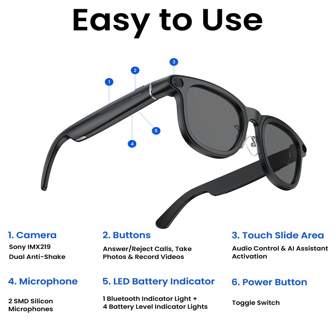Novita Smart AI Sunglasses Glasses 8MP Sony Camera Video Recording Charging Case (Black)