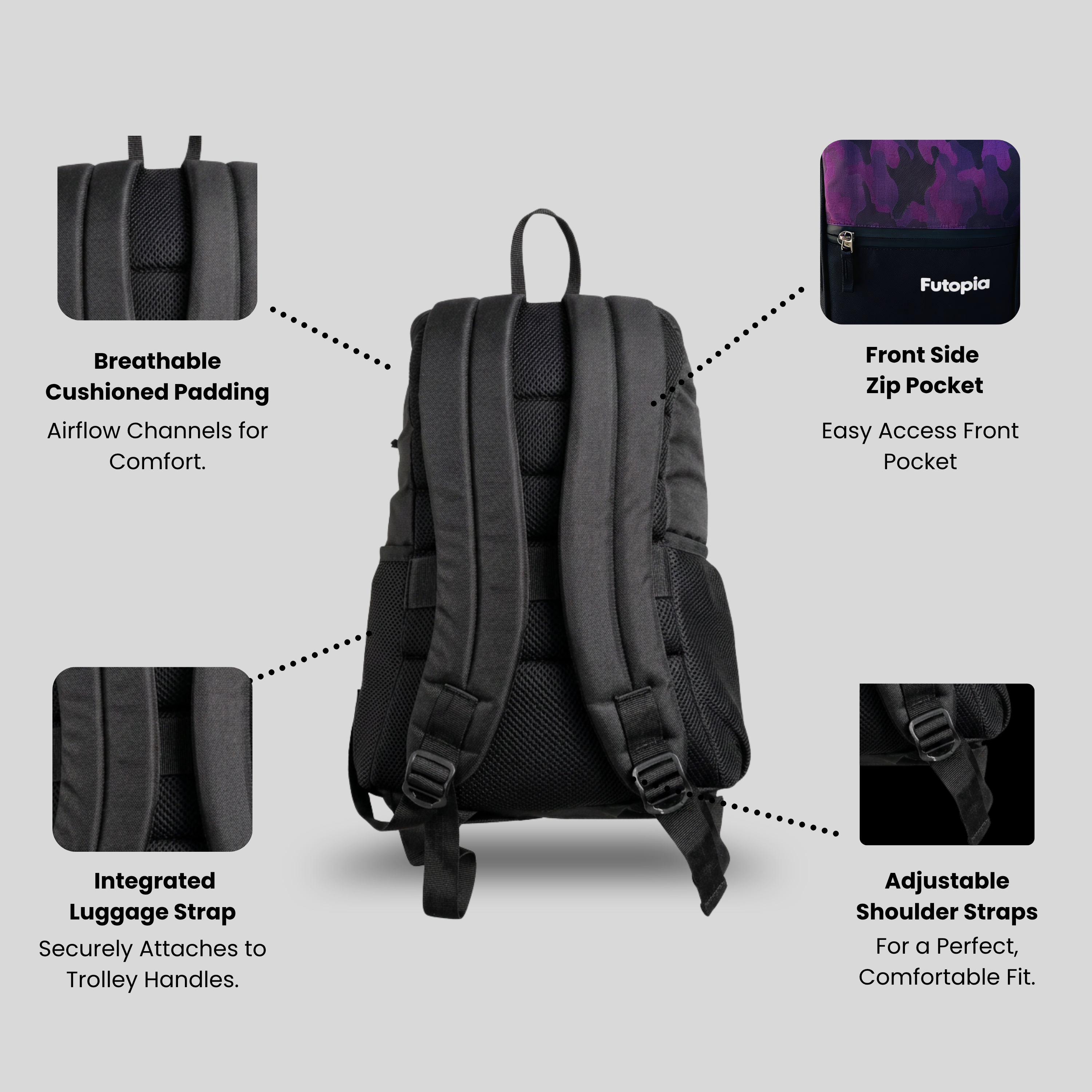 Futopia Premium Design 35L Capacity Backpack With Fit 17.3 Inch Laptop, 1 Large Storage, 1 Front Zipp | 2 Side Bottle Pocket For Men And Women, Unisex - Perfect For Office & College - Grey - Black
