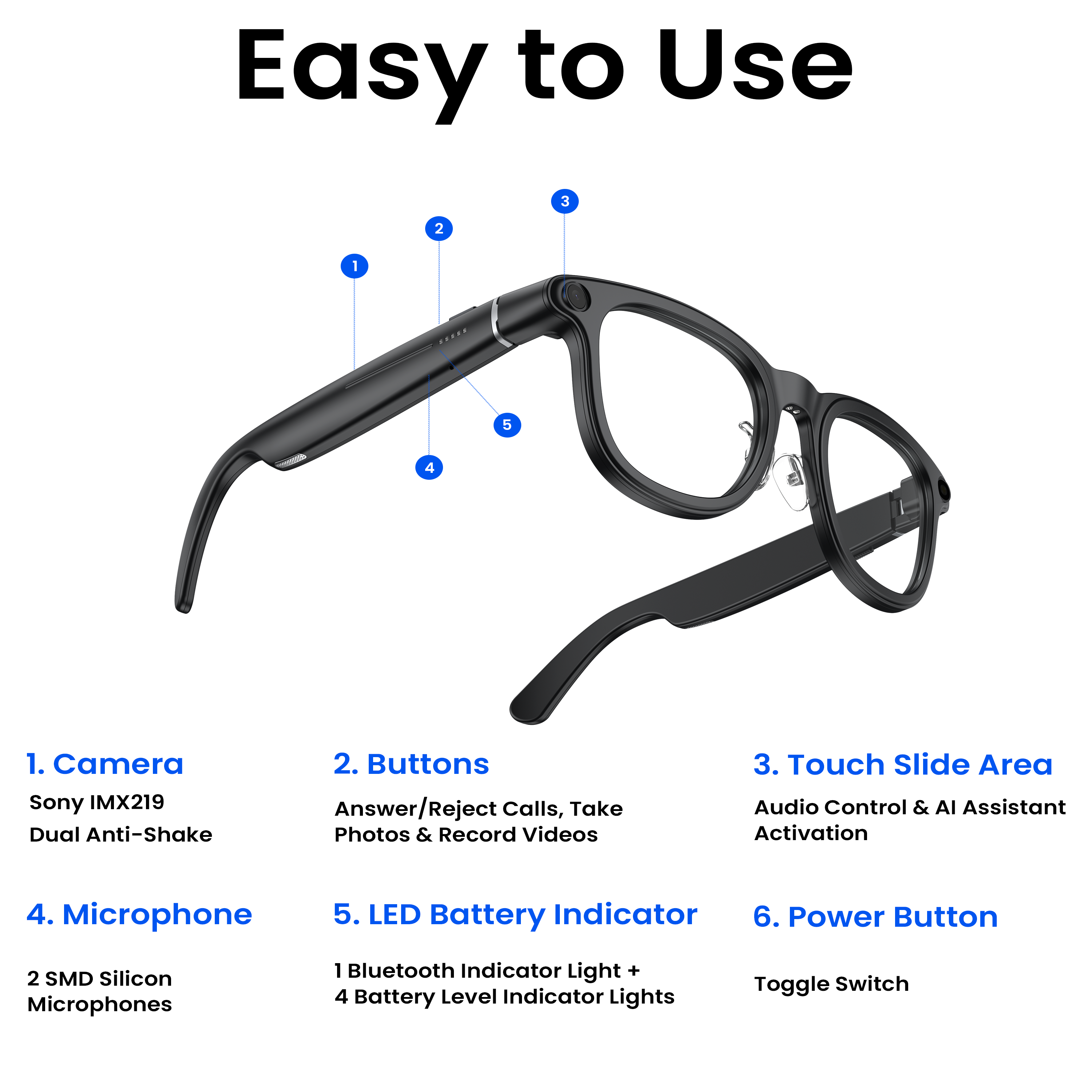 Novita Smart AI Polarised Glasses 8MP Sony Camera Video Recording, Charging Case (Black)