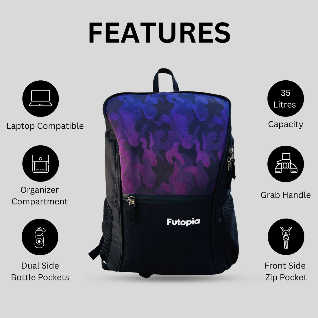 Futopia Premium Design 35L Capacity Backpack With Fit 17.3 Inch Laptop, 1 Large Storage, 1 Front Zipp | 2 Side Bottle Pocket For Men And Women, Unisex - Perfect For Office & College - Grey - Purple & Black