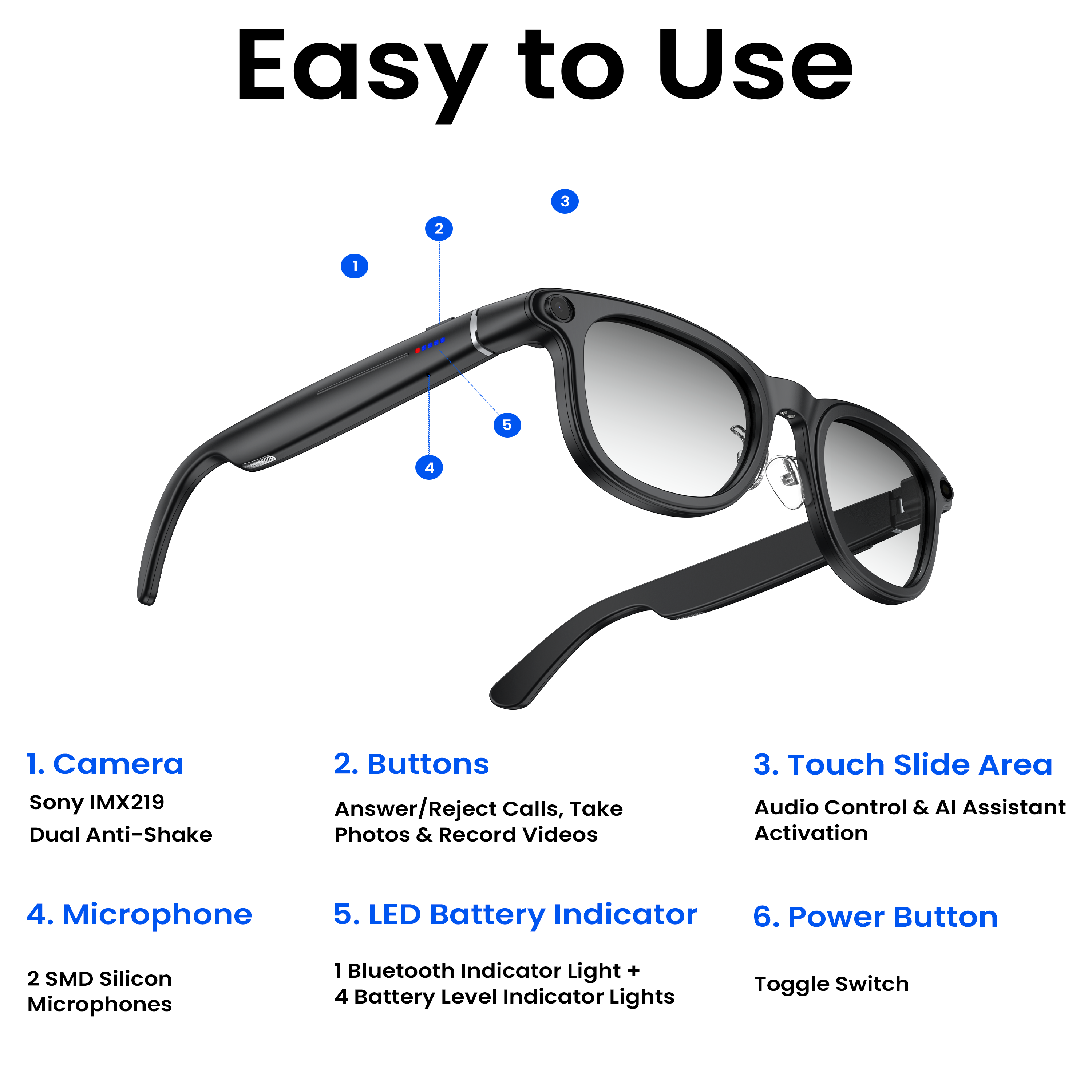 Novita Smart AI Photochromic Glasses 8MP Sony Camera Video Recording Charging Case (Black)