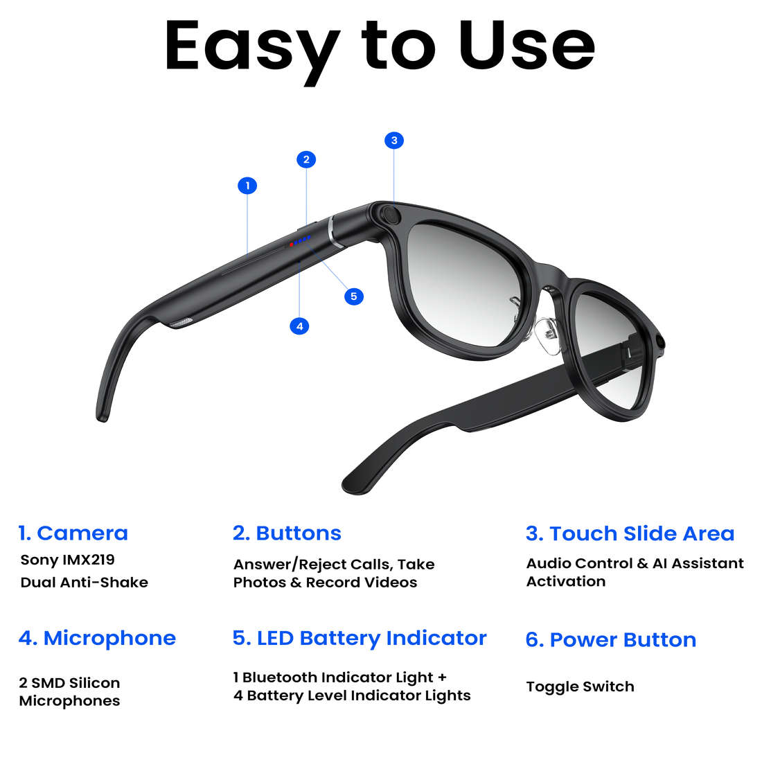 Novita Smart AI Photochromic Glasses 8MP Sony Camera Video Recording Charging Case (Black)