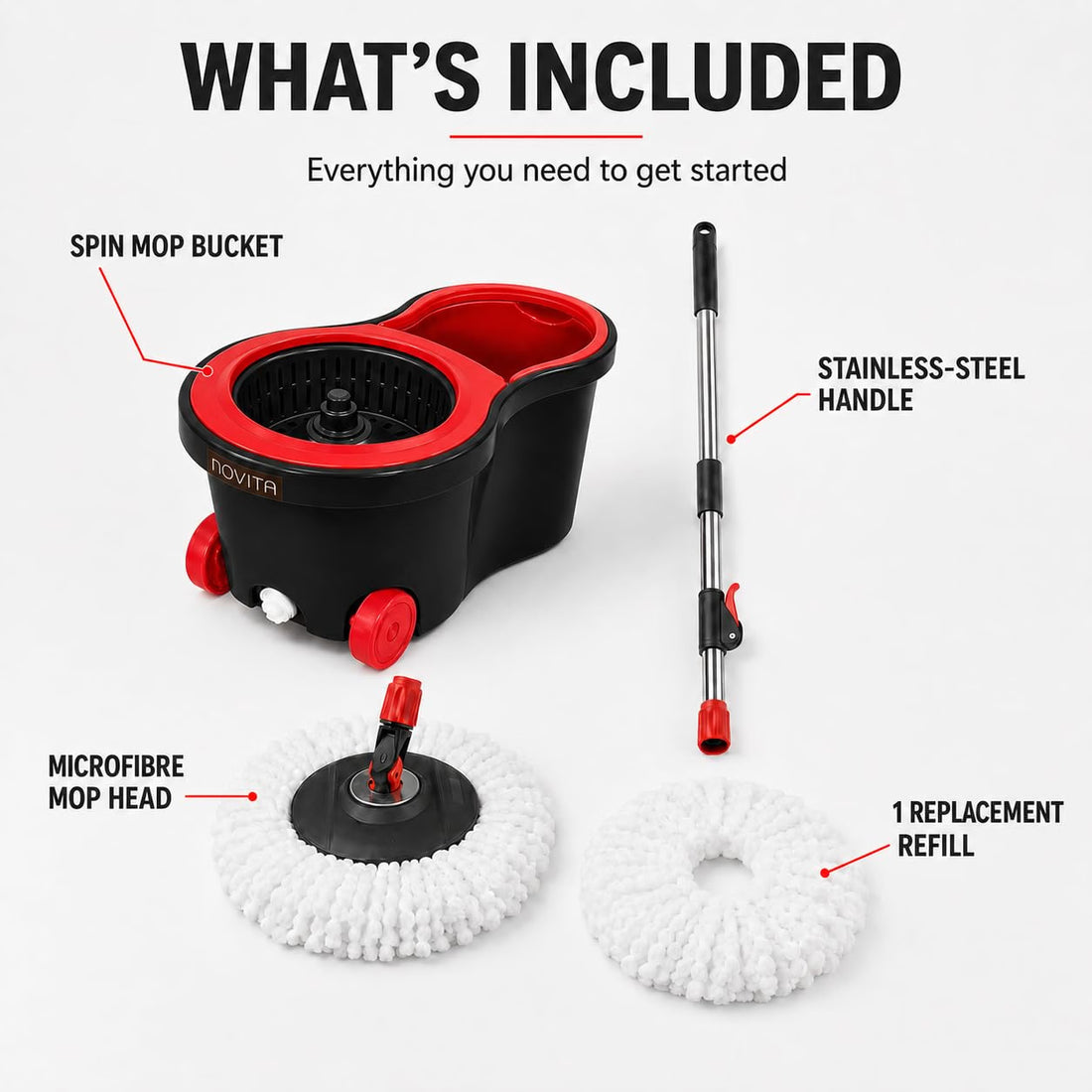 Novita 360° Spin Mop Bucket Set | Plastic Jali with Smart System | Easy Rinse | Telescopic Microfiber Mop |1+1 Refill | Pocha | Wheels | Removes Over 99%* Bacteria- (Red & Black)