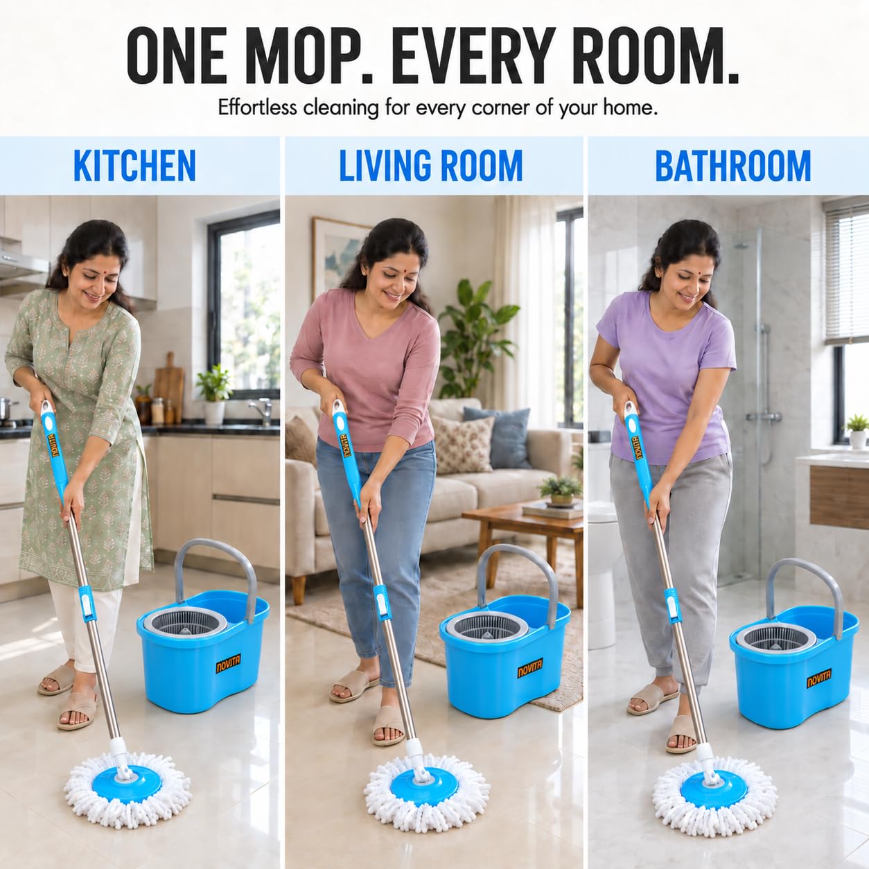 Novita Lite Bucket Spin Mop Set with Easy Wring & Rinse System | 360° Telescopic Adjustable Handle | High Absorbency Microfiber Floor Mop | Removable Wringer | Bucket Set with 1 Extra Refill (Blue)