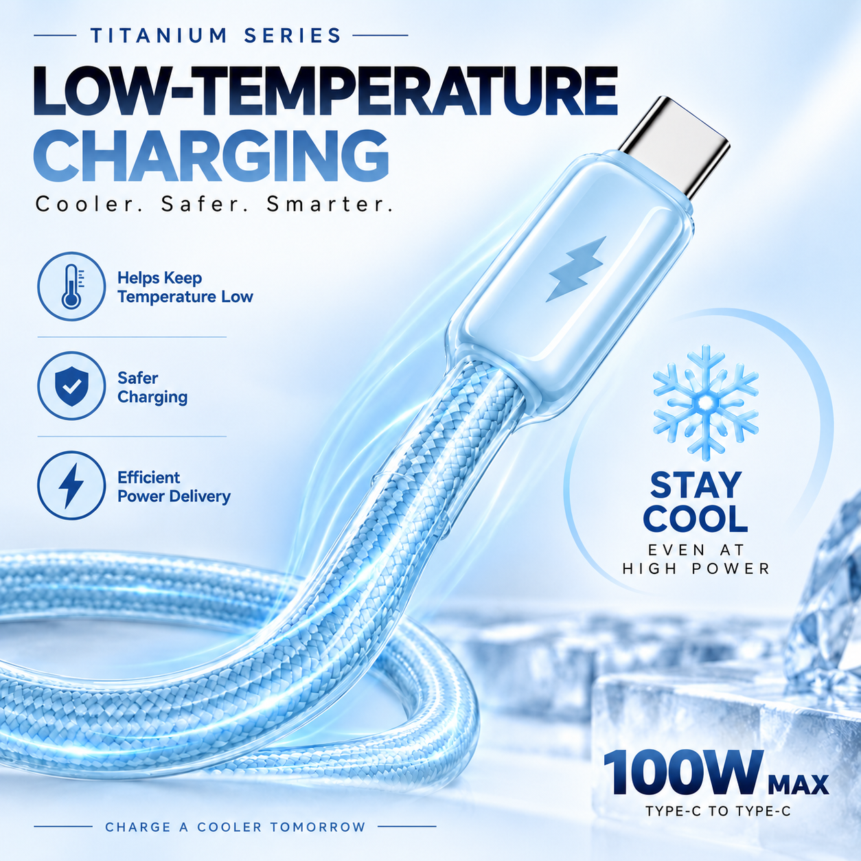 Futopia Titanium Series Low-Temperature Crystal Cable, Type-C to Type-C 100W Fast Charging, Compatible with iPhone 15–17 & Android
