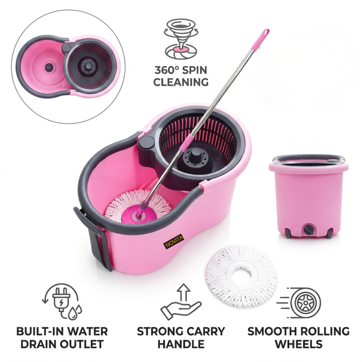 NOVITA 360° Spin Mop & Bucket with Wheels Premium Spin Mop & Bucket Set with Wheels, Adjustable Handle & 2 Microfiber Refills – Pink