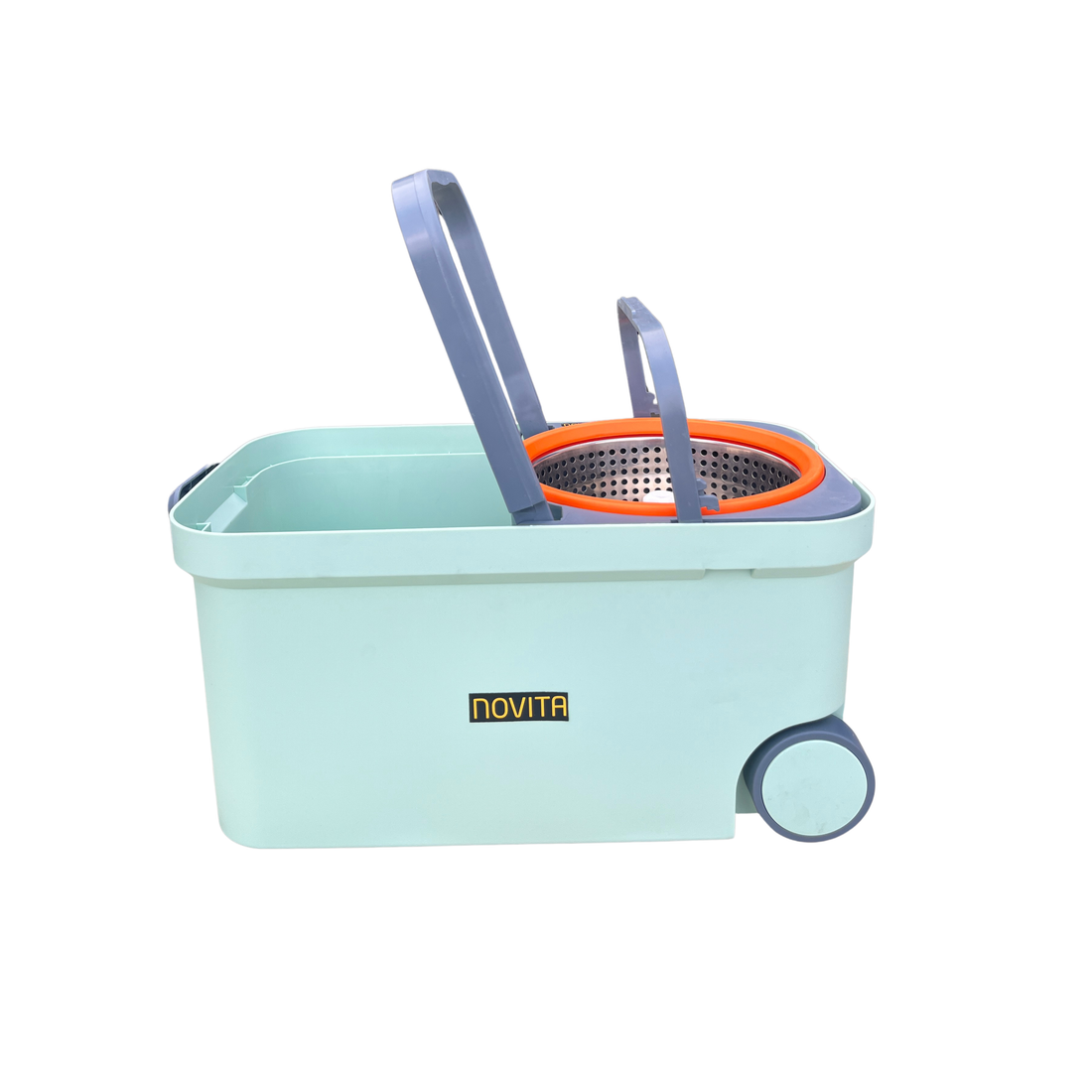 NOVITA 360° Premium Spin Mop & Bucket Set with Wheels, Steel Handle & 2 Microfiber Refills – Blue & Orange