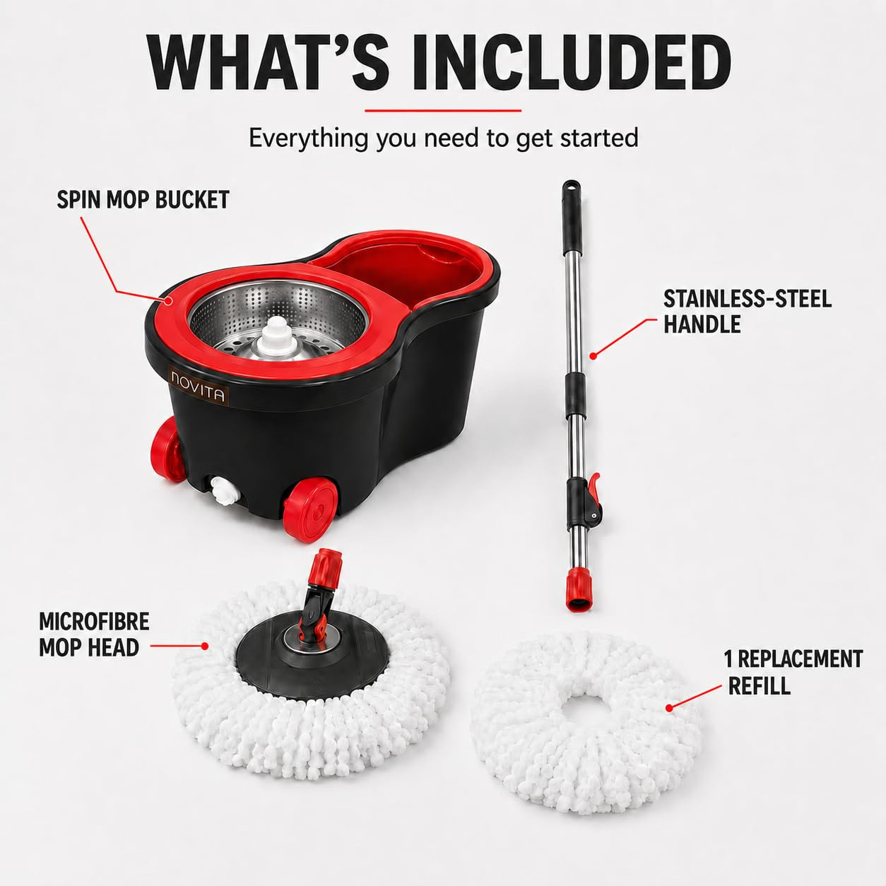 Novita 360° Spin Mop Bucket Set | Steel Jali with Heavy Smart System | Easy Rinse | Telescopic Microfiber Mop |1+1 Refill | Pocha | Wheels | Removes Over 99%* Bacteria- (Red & Black)