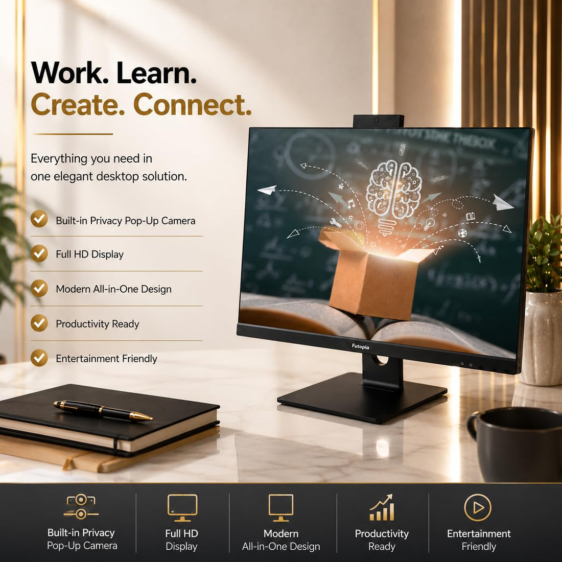 FUTOPIA A112261 All-in-One Desktop PC | Intel Core i5-14400 | 23.8" Full HD IPS Display | 16GB DDR4 RAM | 512GB NVMe SSD | Windows 11 Pro | WiFi 6 | Webcam & Mic