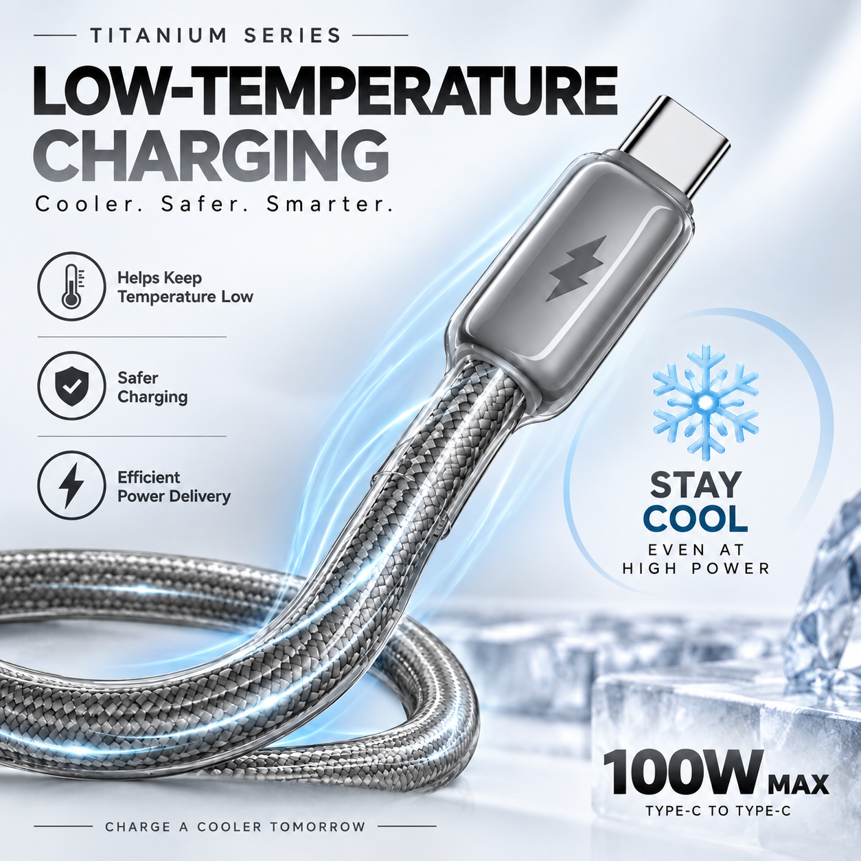 Futopia Titanium Series Low-Temperature Crystal Cable, Type-C to Type-C 100W Fast Charging, Compatible with iPhone 15–17 & Android