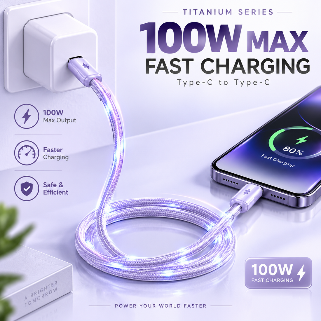 Futopia Titanium Series Low-Temperature Crystal Cable, Type-C to Type-C 100W Fast Charging, Compatible with iPhone 15–17 & Android