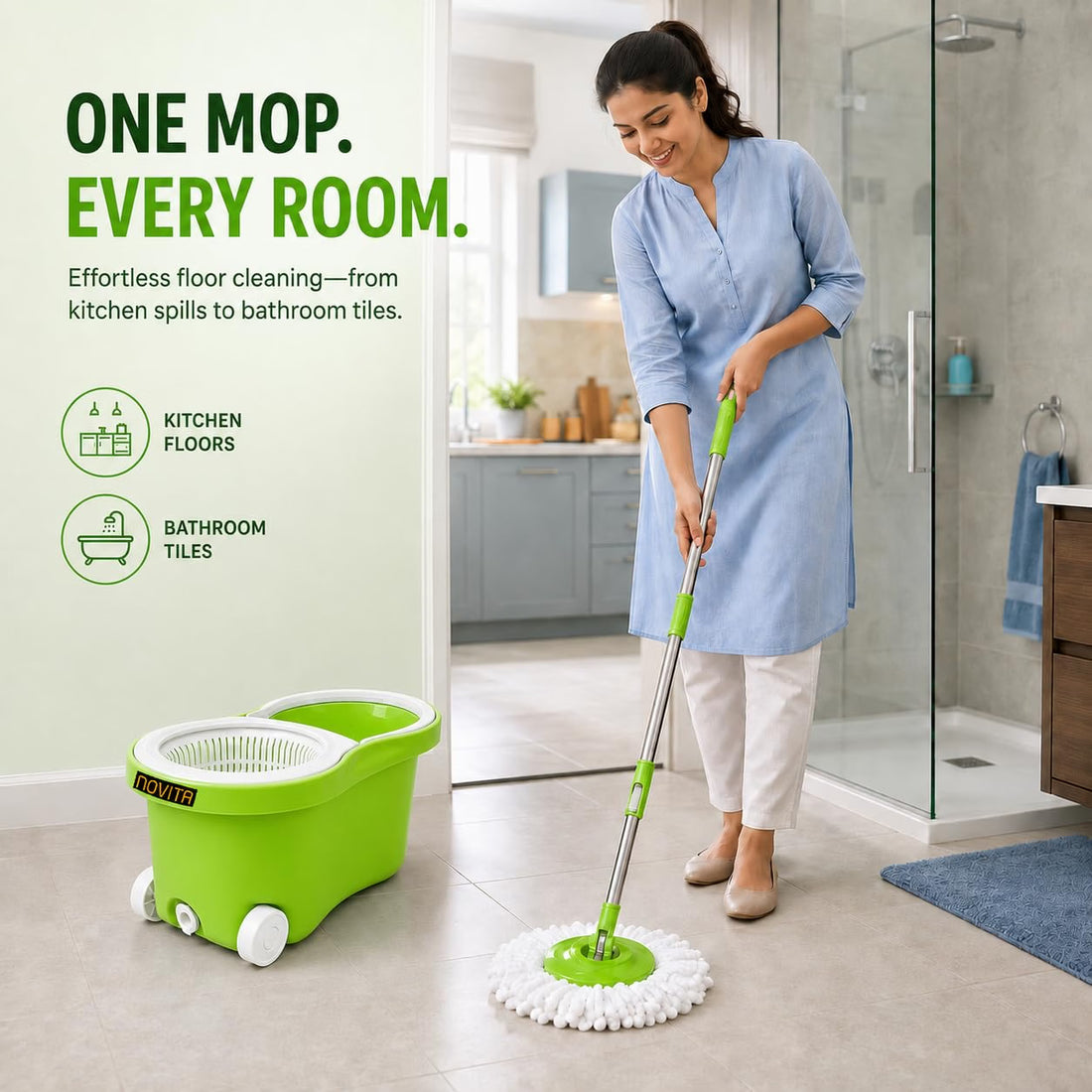 Novita 360° Spin Mop Bucket Set | Plastic Jali with Heavy Smart System | Easy Rinse | Telescopic Microfiber Mop |1+1 Refill | Pocha | Big Wheels | Removes Over 99%* Bacteria- (Green)