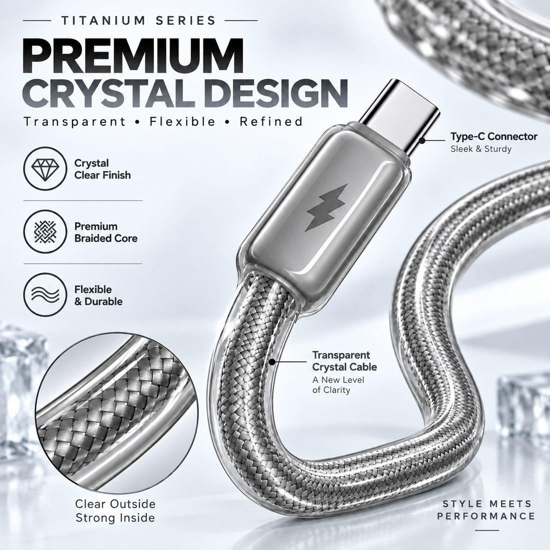 Futopia Titanium Series Low-Temperature Crystal Cable, Type-C to Type-C 100W Fast Charging, Compatible with iPhone 15–17 & Android