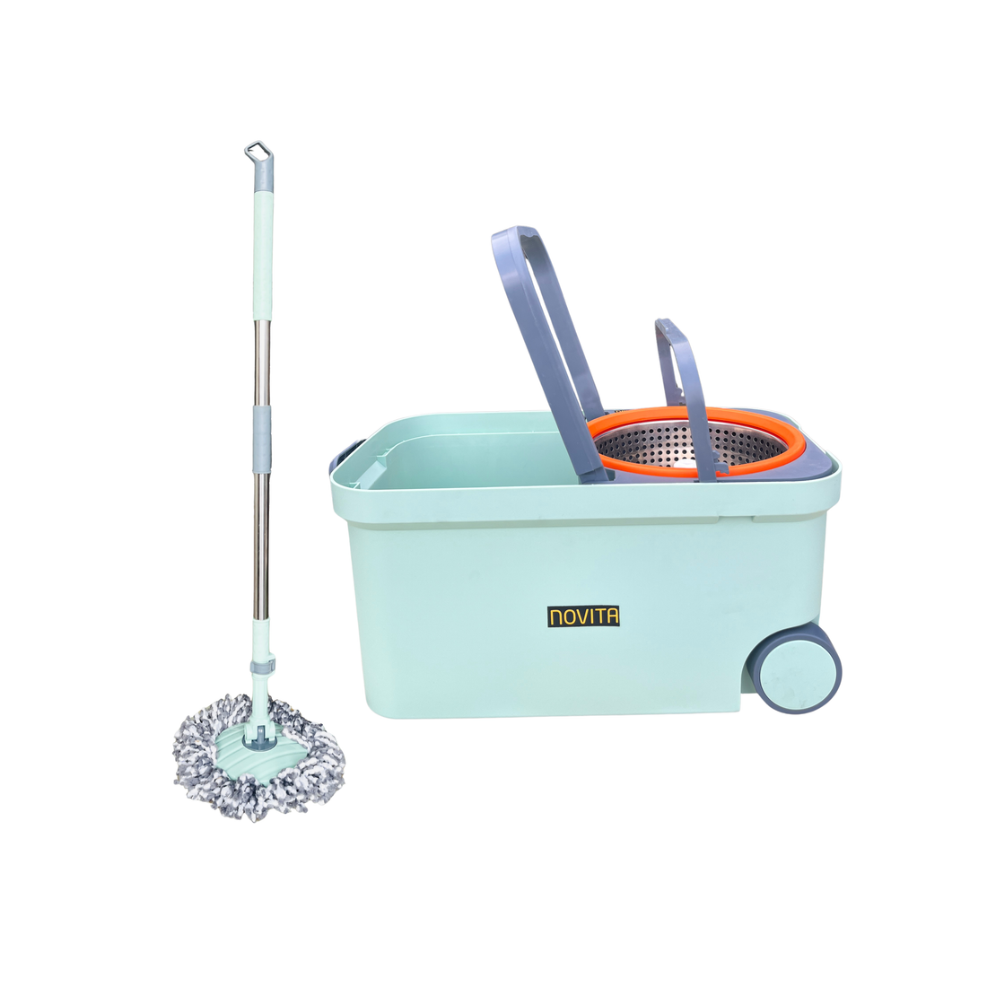 NOVITA 360° Premium Spin Mop & Bucket Set with Wheels, Steel Handle & 2 Microfiber Refills – Blue & Orange