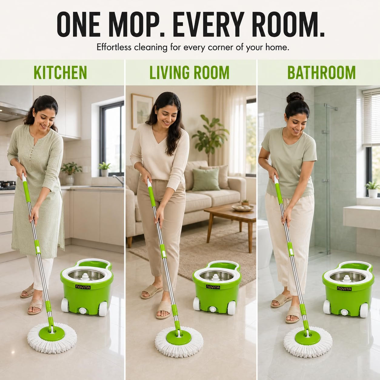 Novita 360° Spin Mop Bucket Set | Steel Jali with Heavy Smart System | Easy Rinse | Telescopic Microfiber Mop |1+1 Refill | Pocha | Big Wheels | Removes Over 99%* Bacteria- (Green)