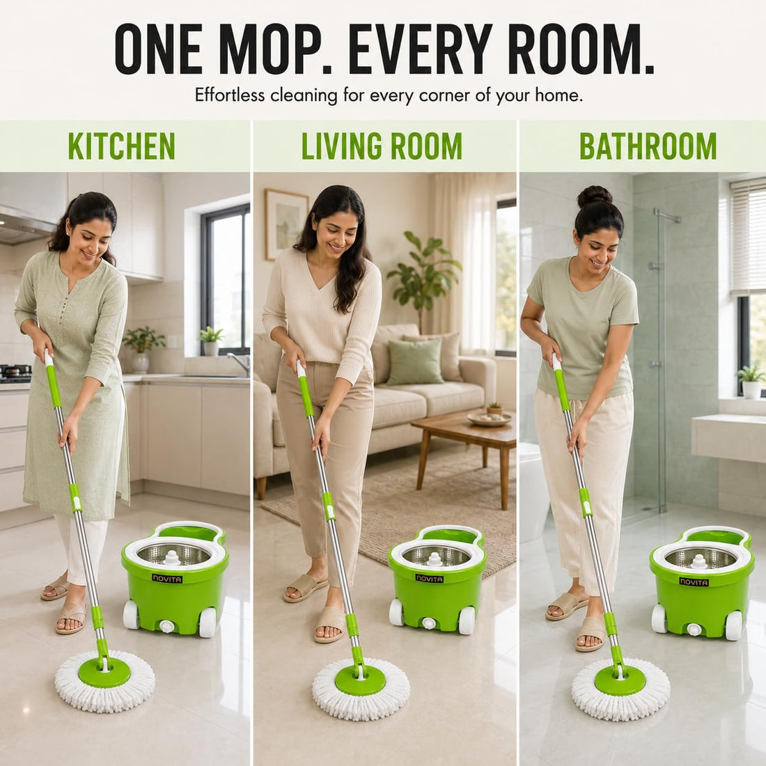 Novita 360° Spin Mop Bucket Set | Steel Jali with Heavy Smart System | Easy Rinse | Telescopic Microfiber Mop |1+1 Refill | Pocha | Big Wheels | Removes Over 99%* Bacteria- (Green)