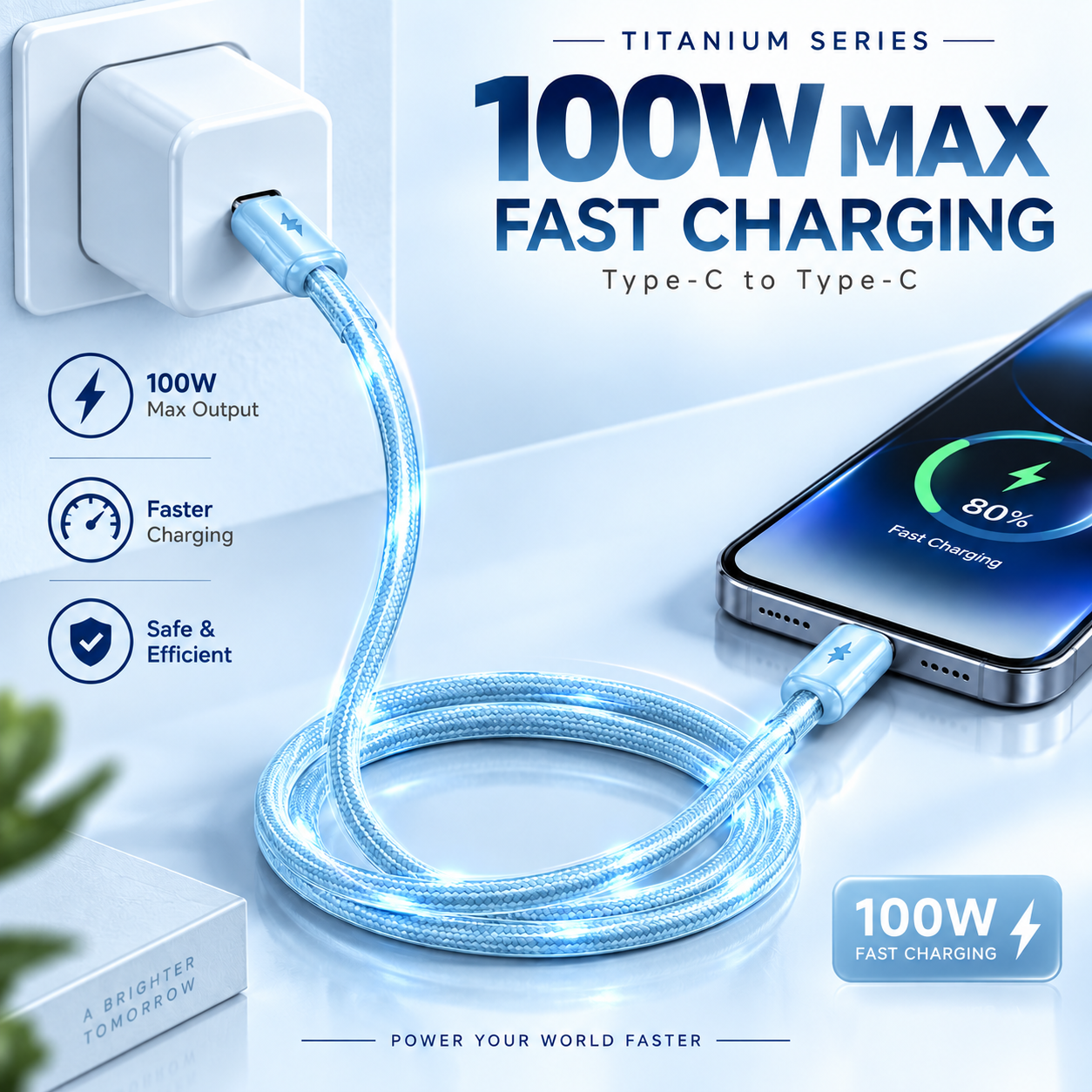 Futopia Titanium Series Low-Temperature Crystal Cable, Type-C to Type-C 100W Fast Charging, Compatible with iPhone 15–17 & Android