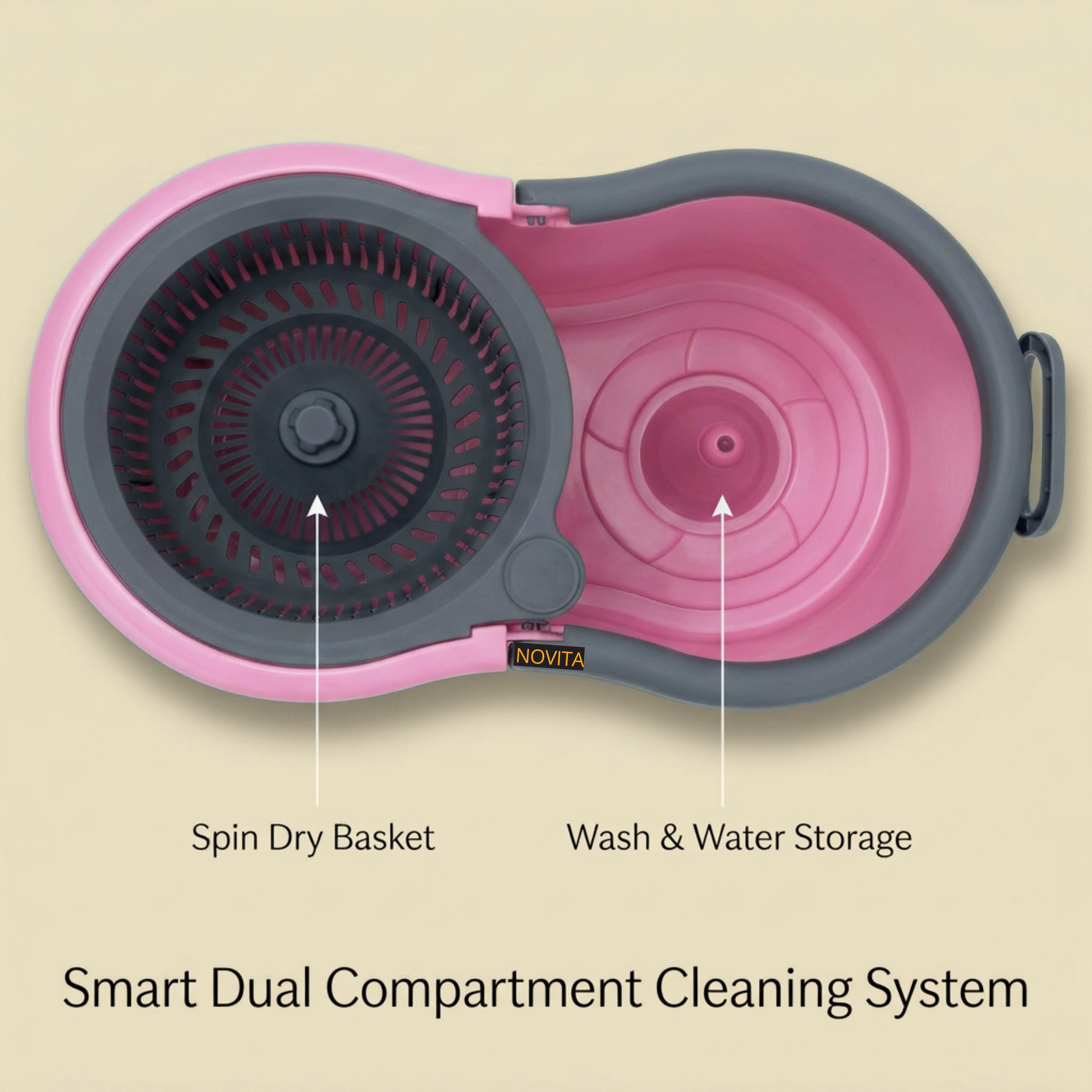 NOVITA 360° Spin Mop & Bucket with Wheels Premium Spin Mop & Bucket Set with Wheels, Adjustable Handle & 2 Microfiber Refills – Pink