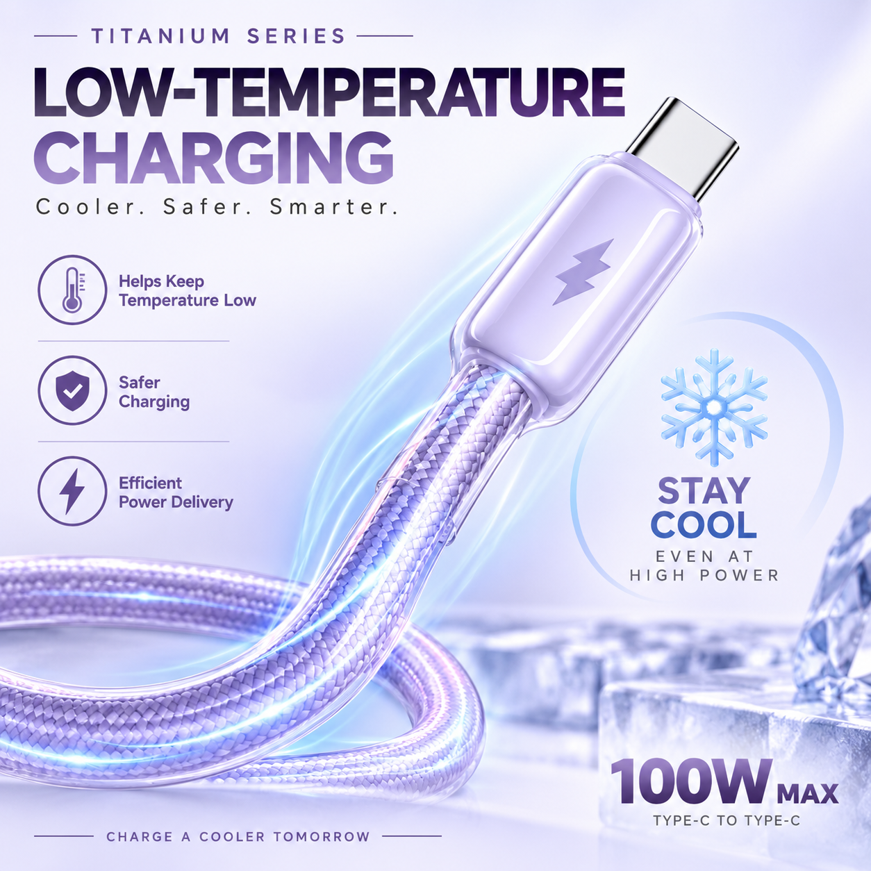 Futopia Titanium Series Low-Temperature Crystal Cable, Type-C to Type-C 100W Fast Charging, Compatible with iPhone 15–17 & Android