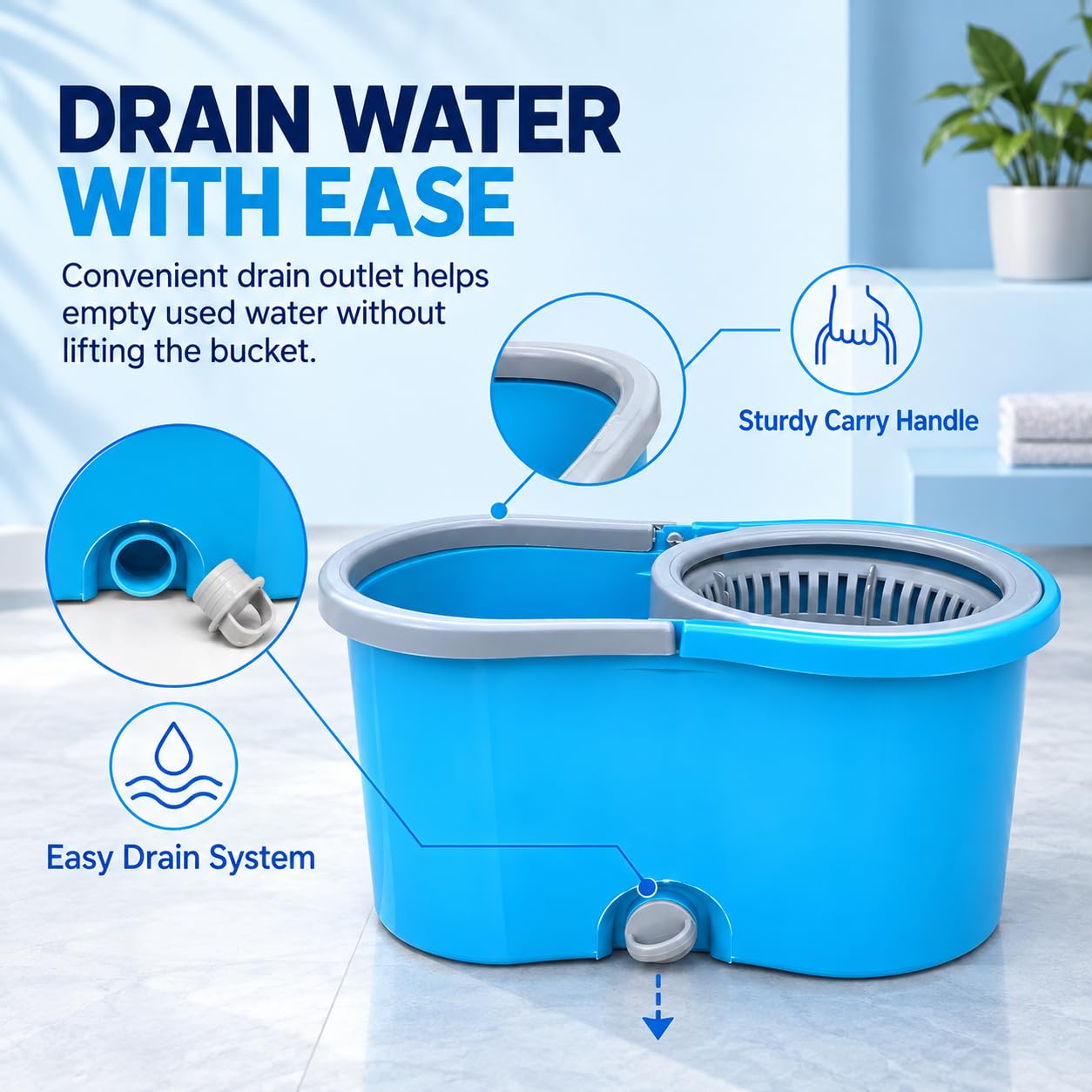 Novita Lite Bucket Spin Mop Set with Easy Wring & Rinse System | 360° Telescopic Adjustable Handle | High Absorbency Microfiber Floor Mop | Removable Wringer | Bucket Set with 1 Extra Refill (Blue)