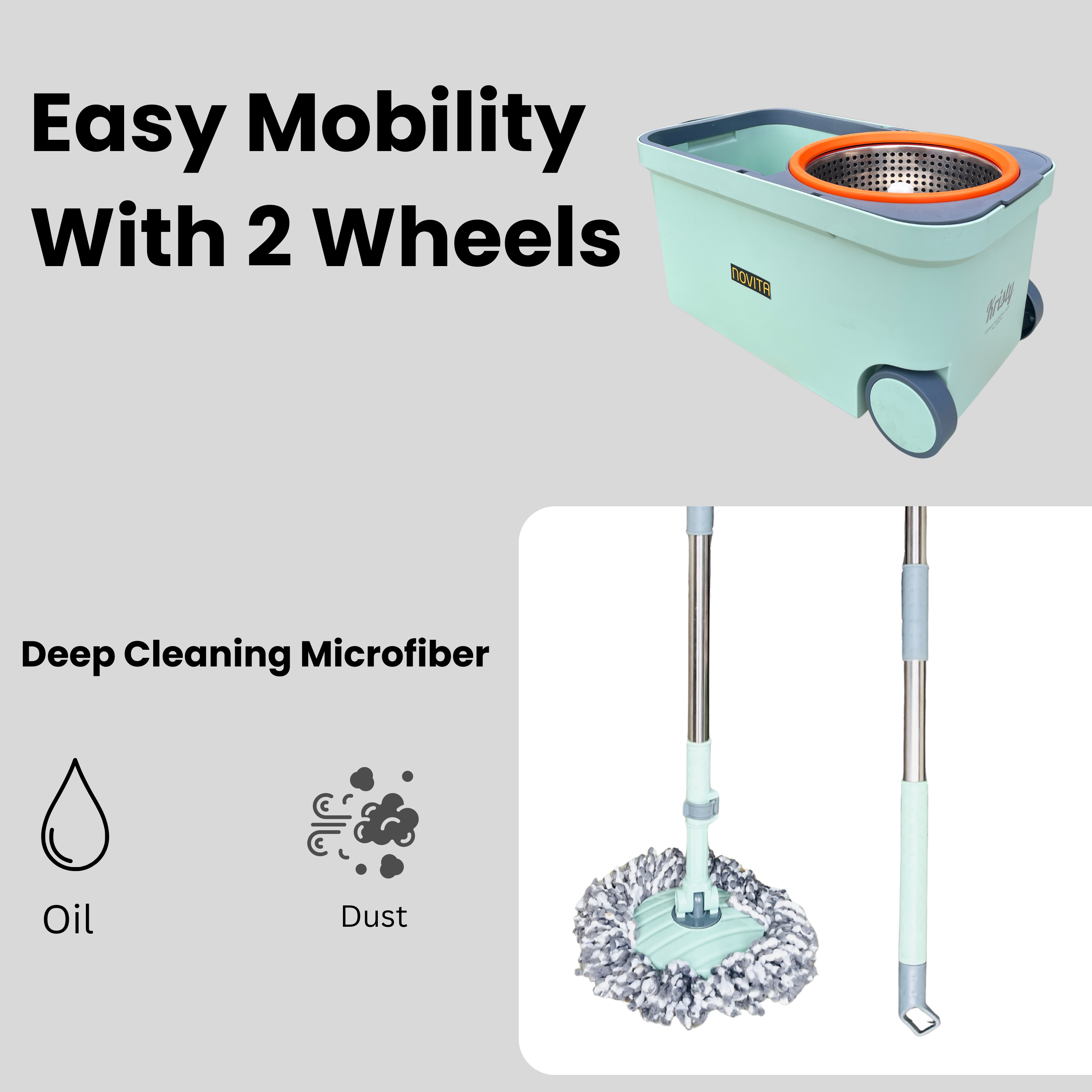 NOVITA 360° Premium Spin Mop & Bucket Set with Wheels, Steel Handle & 2 Microfiber Refills – Blue & Orange