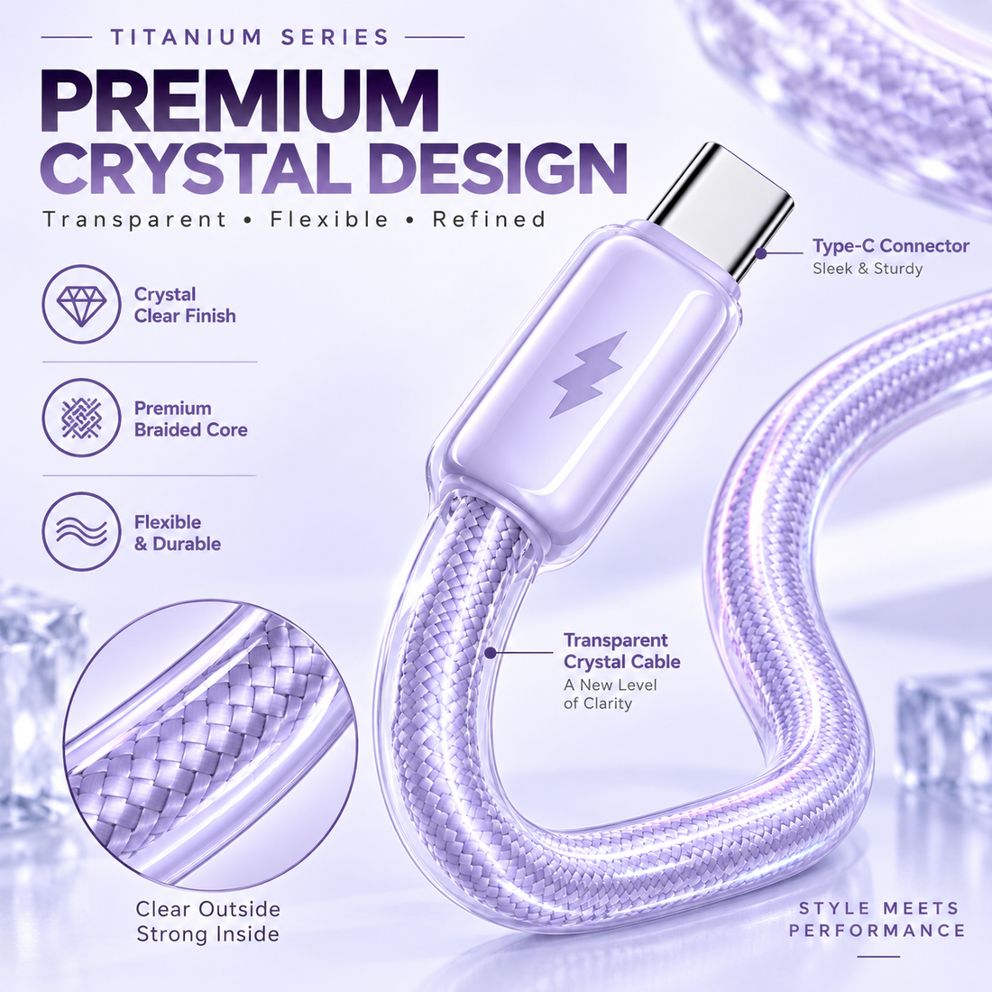 Futopia Titanium Series Low-Temperature Crystal Cable, Type-C to Type-C 100W Fast Charging, Compatible with iPhone 15–17 & Android