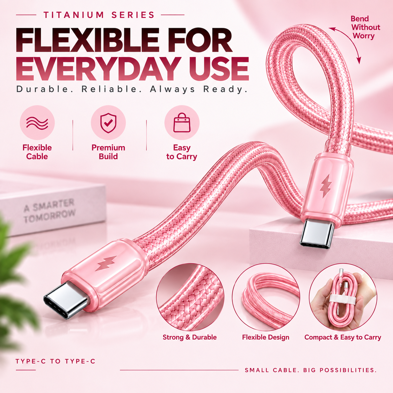 Futopia Titanium Series Low-Temperature Crystal Cable, Type-C to Type-C 100W Fast Charging, Compatible with iPhone 15–17 & Android