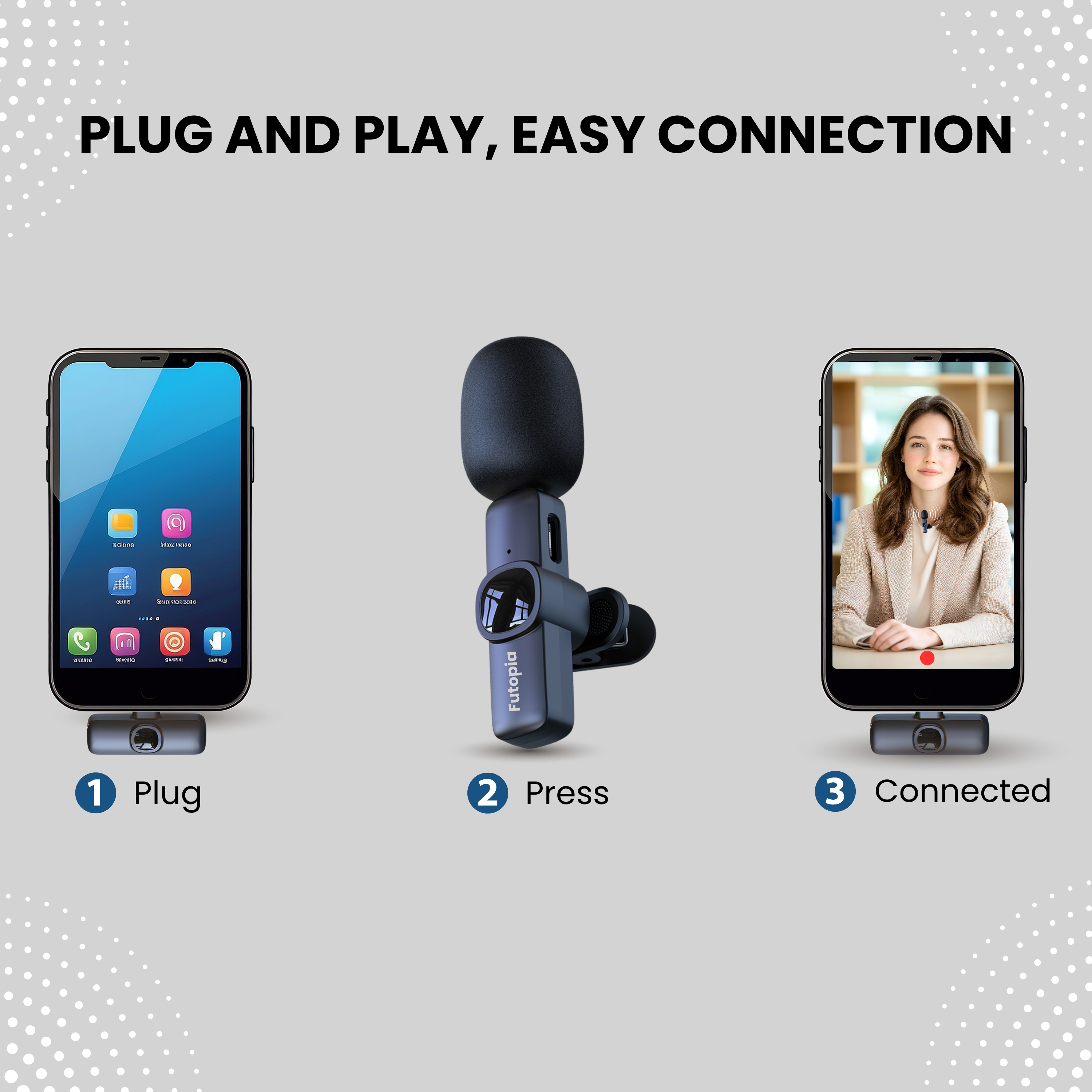 Futopia Wireless Lavalier Microphone for Android & iPhone, Plug & Play Clip-On Mic, AI Noise Cancellation, USB-C Receiver, 6H Battery, YouTube, Vlogging, Interview & Live Streaming