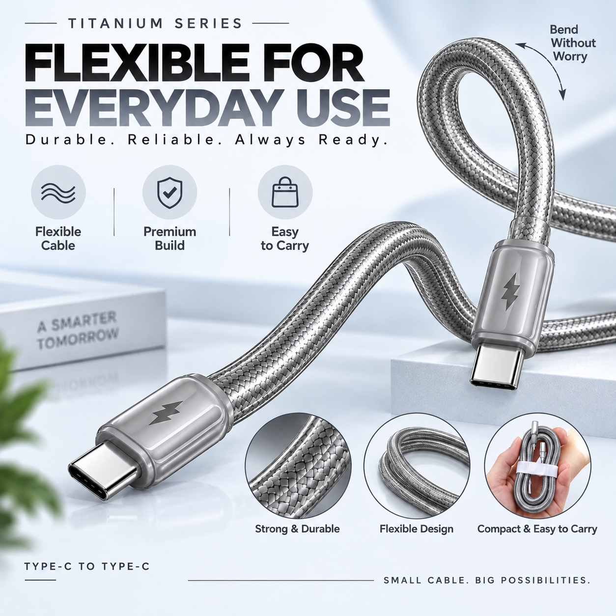 Futopia Titanium Series Low-Temperature Crystal Cable, Type-C to Type-C 100W Fast Charging, Compatible with iPhone 15–17 & Android