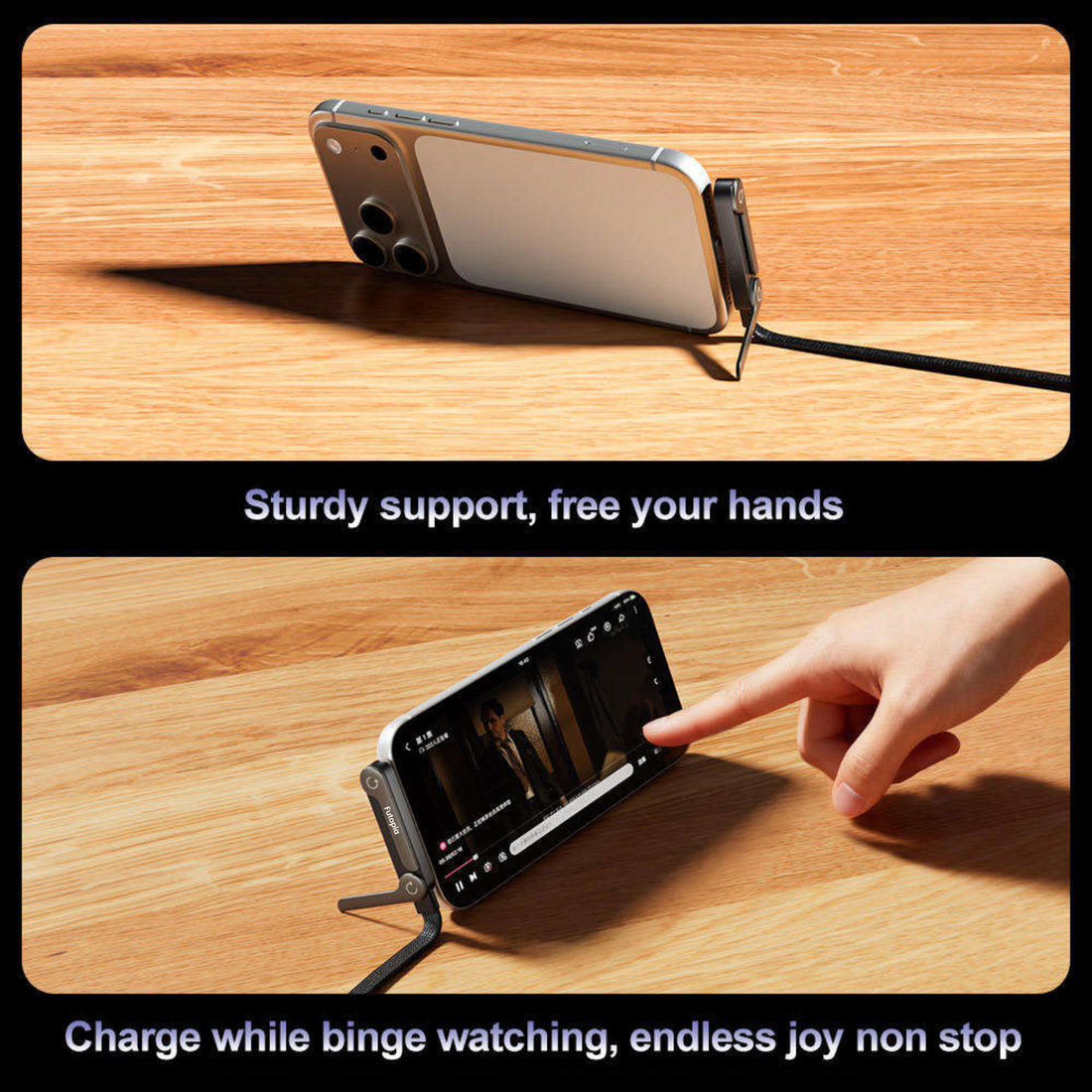 Futopia 2-in-1 240W Fast Charging Type-C to Type-c Cable with Built-in Adjustable Metal Invisible Holder Phone Stand | 1.5m Durable Braided Cable for Smartphones, Tablets, Laptops, Gaming - Black