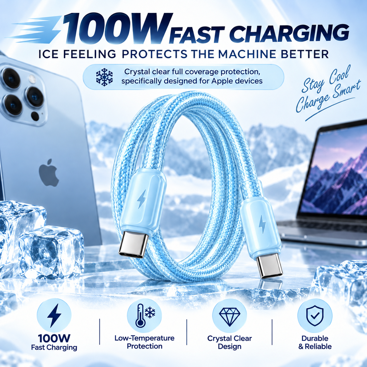 Futopia Titanium Series Low-Temperature Crystal Cable, Type-C to Type-C 100W Fast Charging, Compatible with iPhone 15–17 & Android