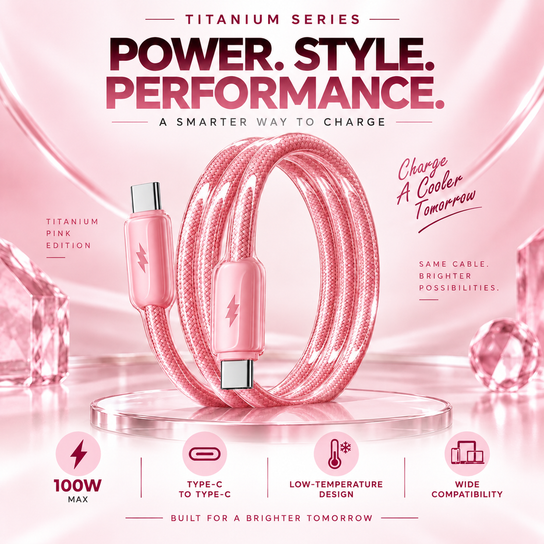 Futopia Titanium Series Low-Temperature Crystal Cable, Type-C to Type-C 100W Fast Charging, Compatible with iPhone 15–17 & Android