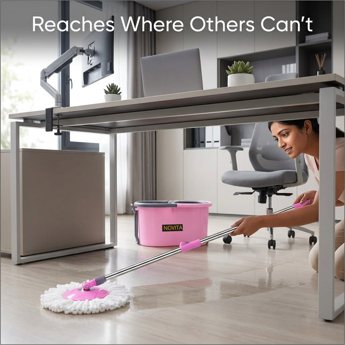 NOVITA 360° Spin Mop & Bucket with Wheels Premium Spin Mop & Bucket Set with Wheels, Adjustable Handle & 2 Microfiber Refills – Pink