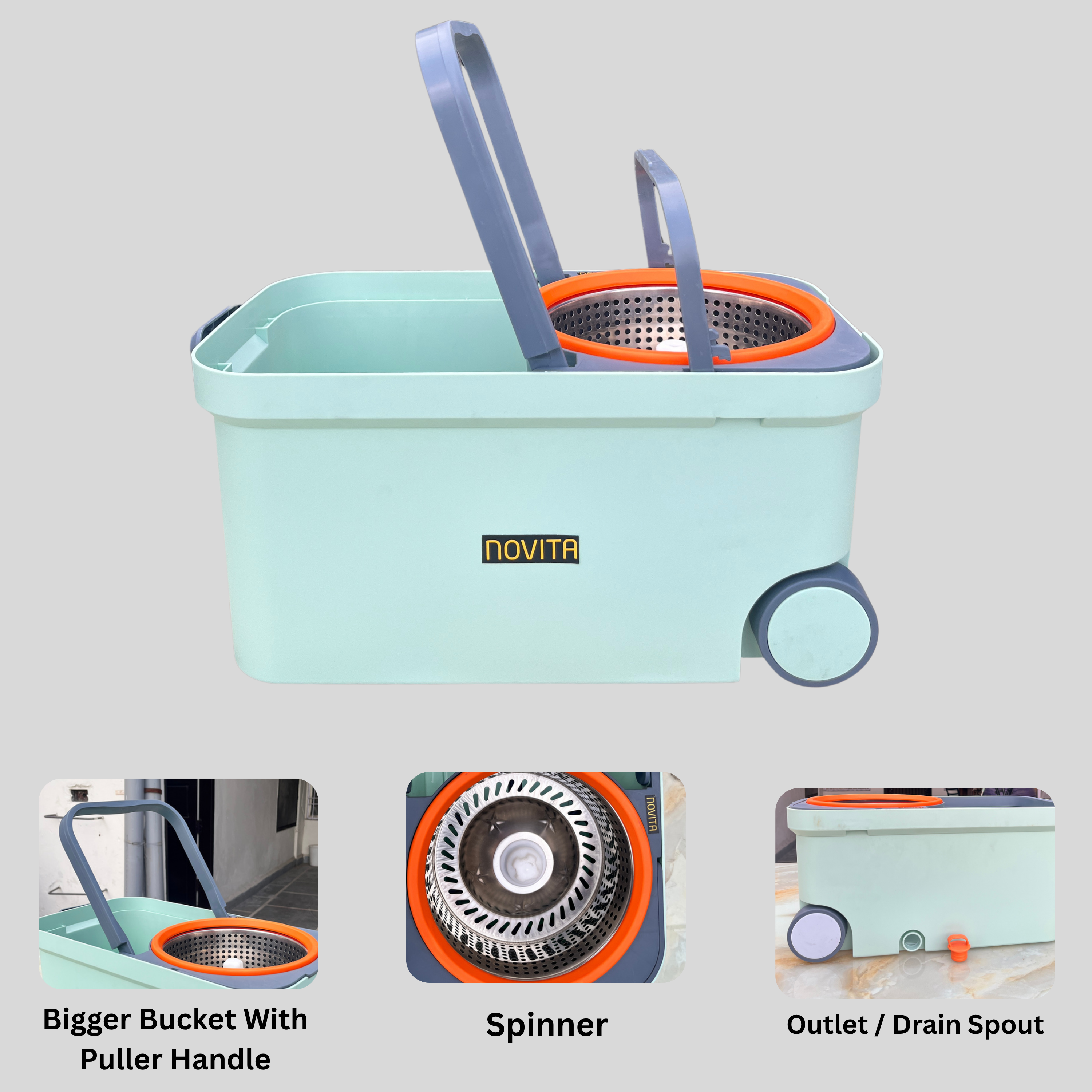 NOVITA 360° Premium Spin Mop & Bucket Set with Wheels, Steel Handle & 2 Microfiber Refills – Blue & Orange