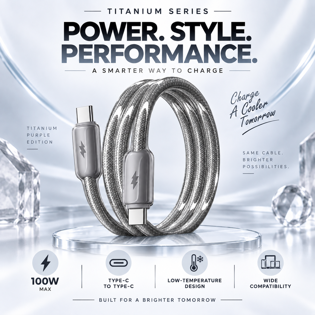 Futopia Titanium Series Low-Temperature Crystal Cable, Type-C to Type-C 100W Fast Charging, Compatible with iPhone 15–17 & Android