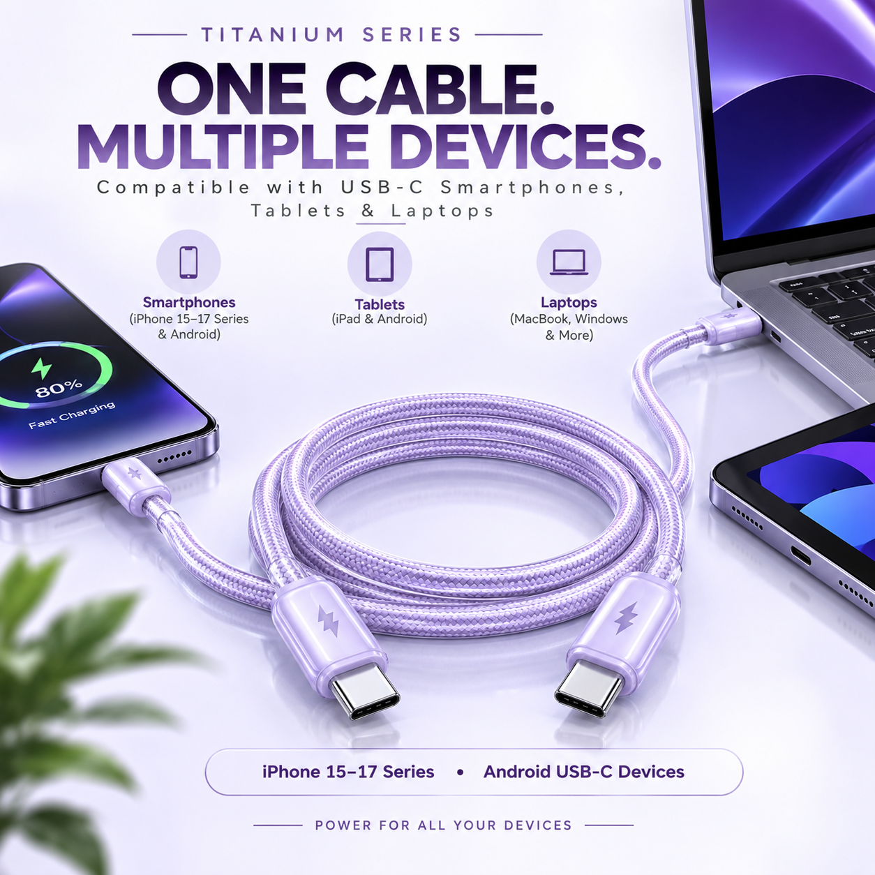 Futopia Titanium Series Low-Temperature Crystal Cable, Type-C to Type-C 100W Fast Charging, Compatible with iPhone 15–17 & Android