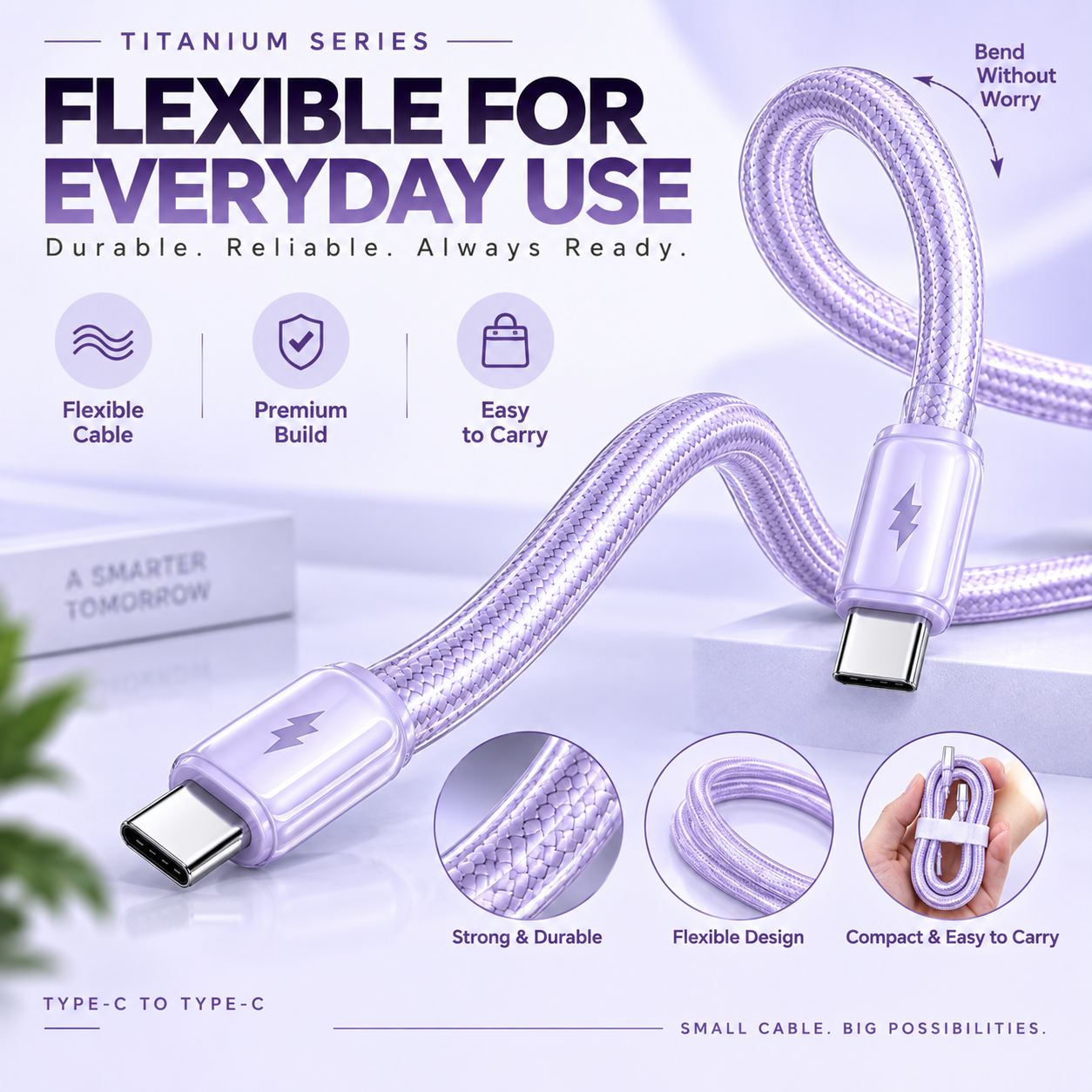 Futopia Titanium Series Low-Temperature Crystal Cable, Type-C to Type-C 100W Fast Charging, Compatible with iPhone 15–17 & Android