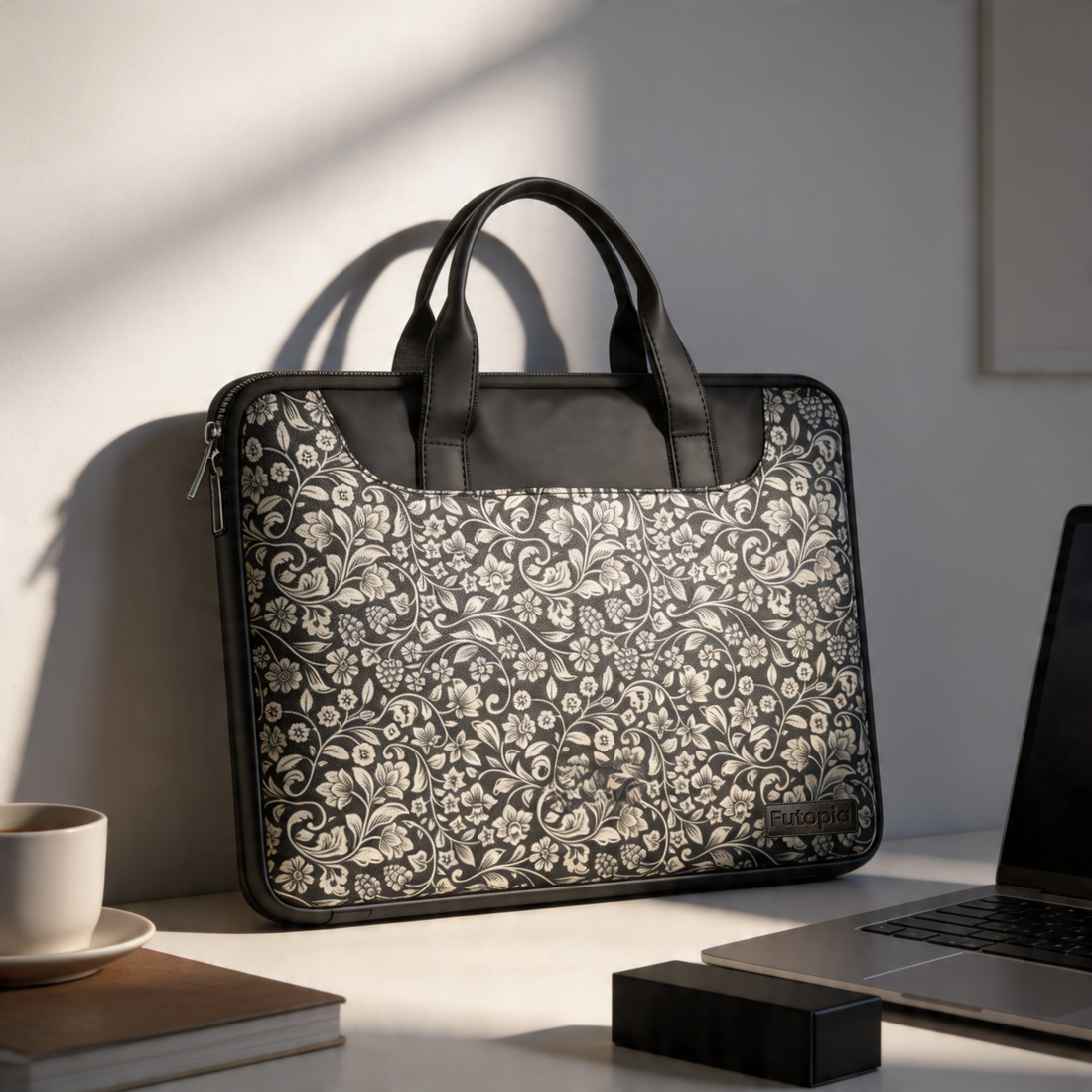 Futopia Stylish Floral Printed Laptop Sleeve Bag 15.6–16 Inch with Handle | Jute & Vegan Leather Laptop Case Cover, Soft Padded Interior, Laptop & Tablet Bag for Men & Women (Office & Travel)