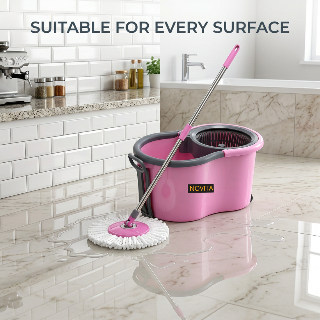 NOVITA 360° Spin Mop & Bucket with Wheels Premium Spin Mop & Bucket Set with Wheels, Adjustable Handle & 2 Microfiber Refills – Pink