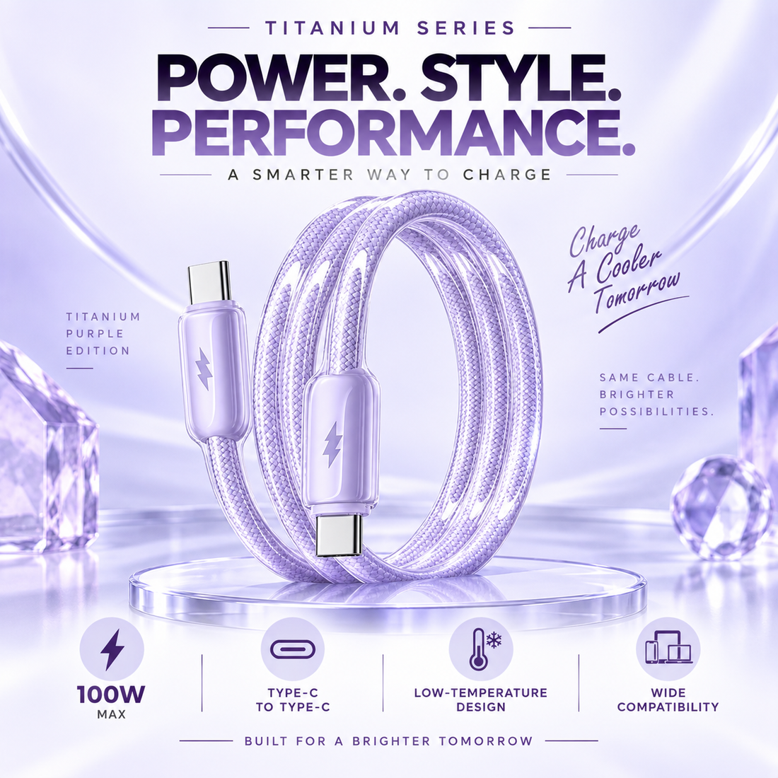 Futopia Titanium Series Low-Temperature Crystal Cable, Type-C to Type-C 100W Fast Charging, Compatible with iPhone 15–17 & Android