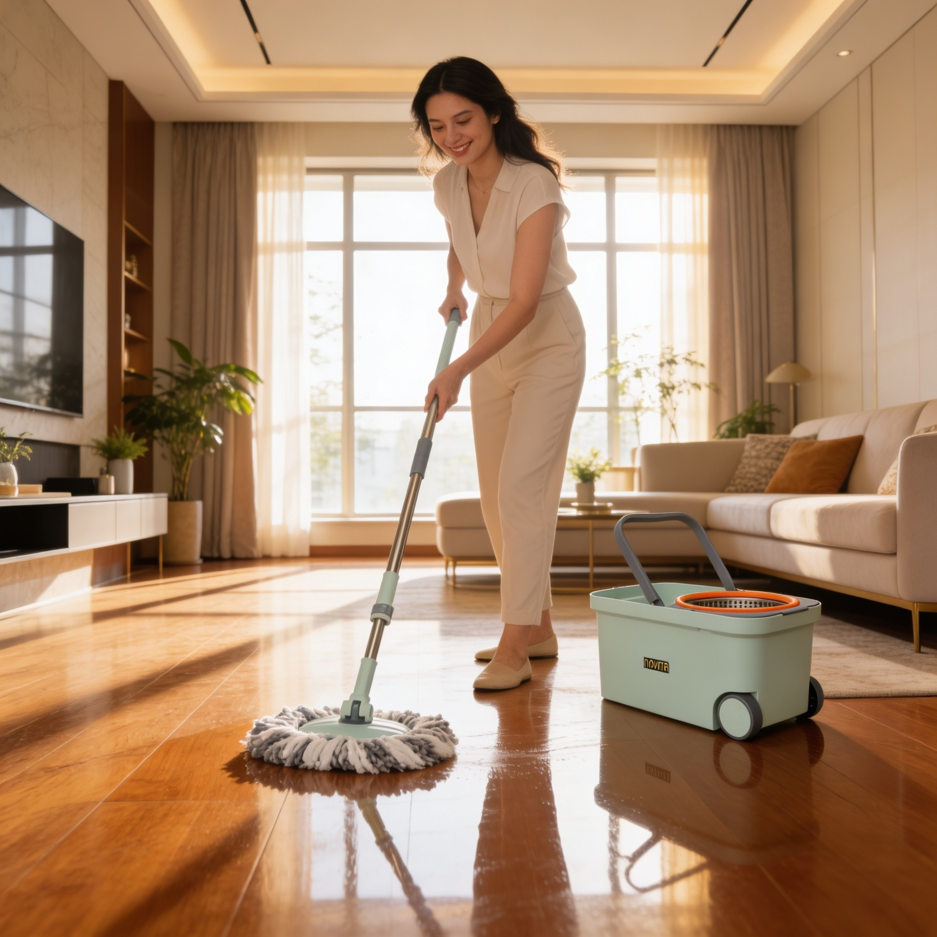 NOVITA 360° Premium Spin Mop & Bucket Set with Wheels, Steel Handle & 2 Microfiber Refills – Blue & Orange