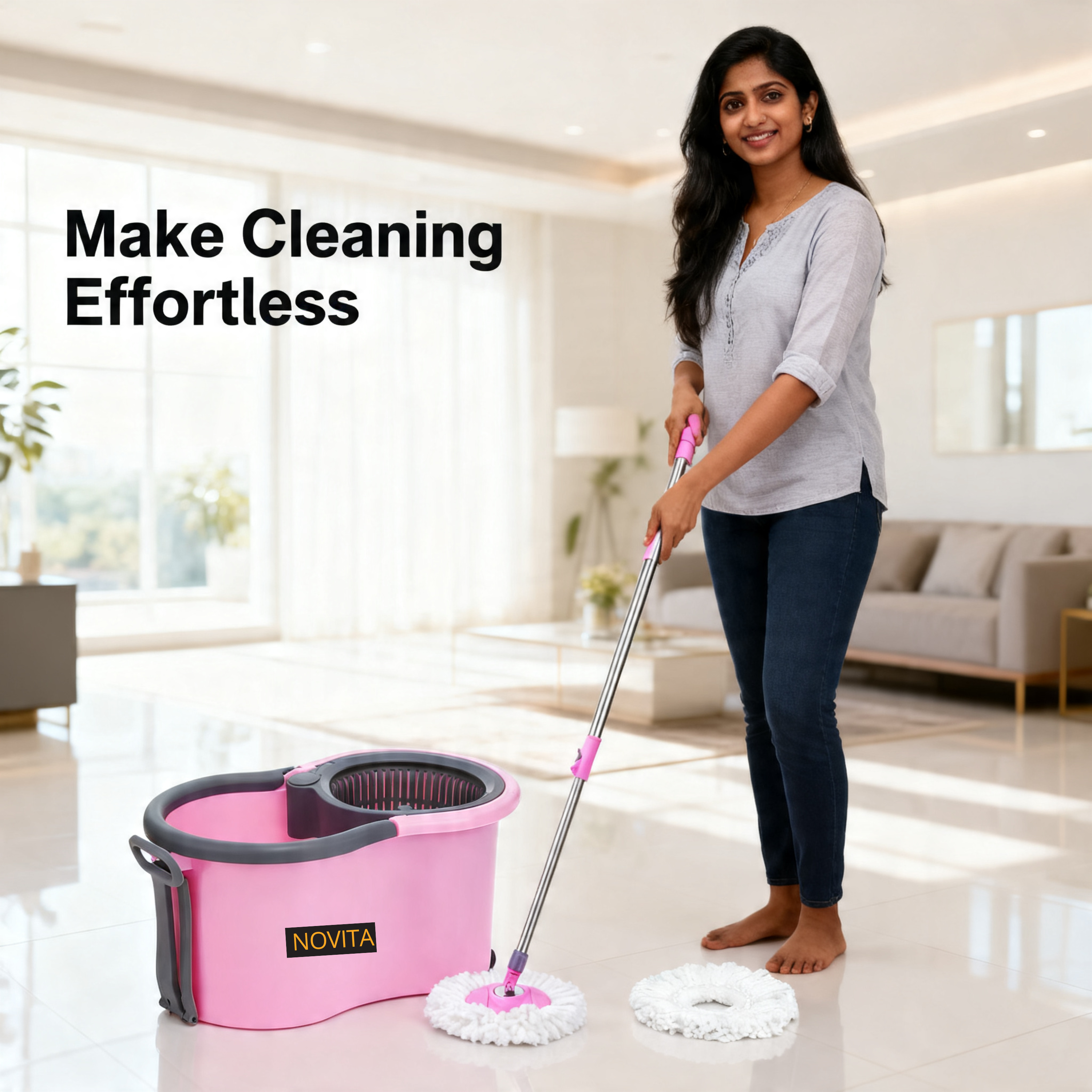 NOVITA 360° Spin Mop & Bucket with Wheels Premium Spin Mop & Bucket Set with Wheels, Adjustable Handle & 2 Microfiber Refills – Pink