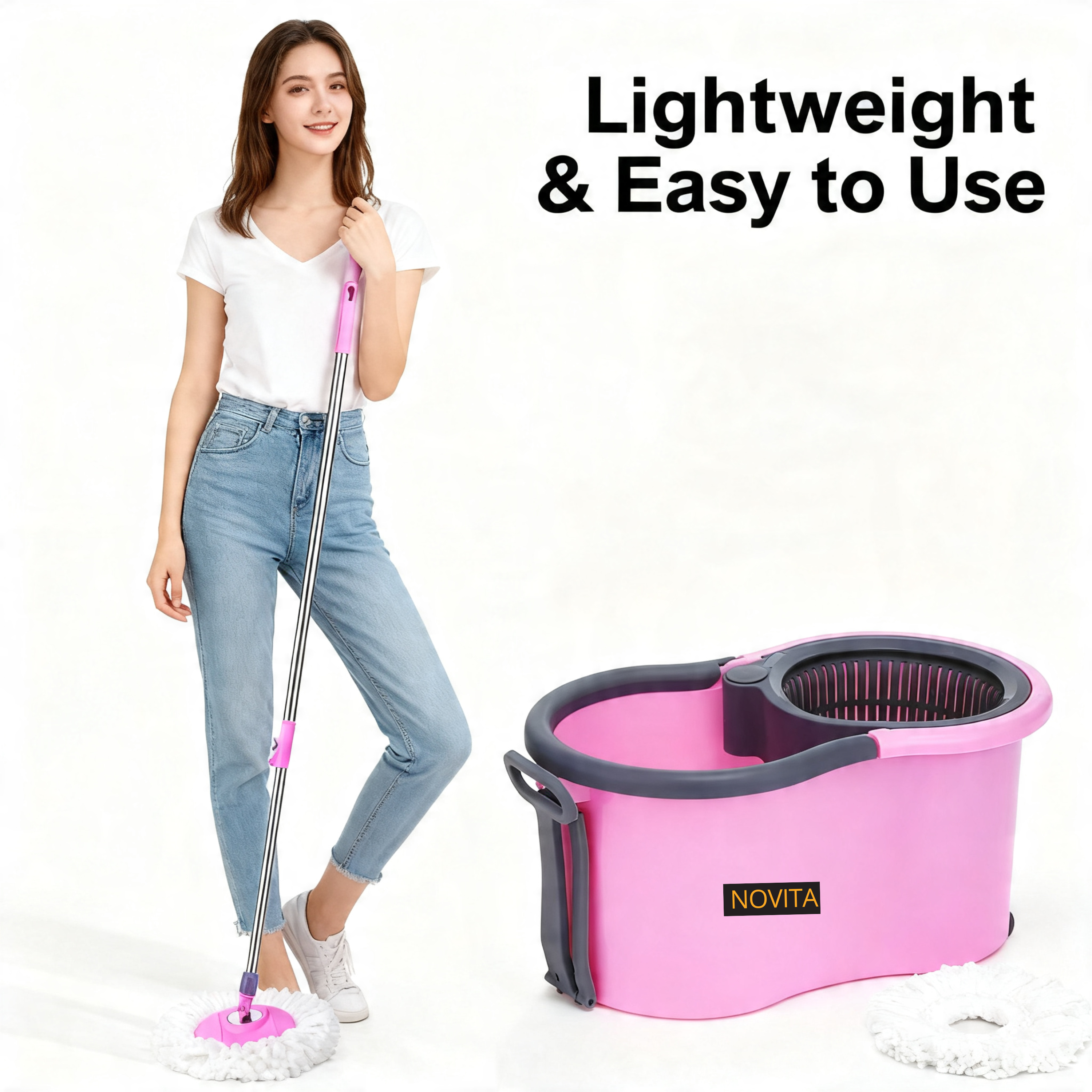 NOVITA 360° Spin Mop & Bucket with Wheels Premium Spin Mop & Bucket Set with Wheels, Adjustable Handle & 2 Microfiber Refills – Pink