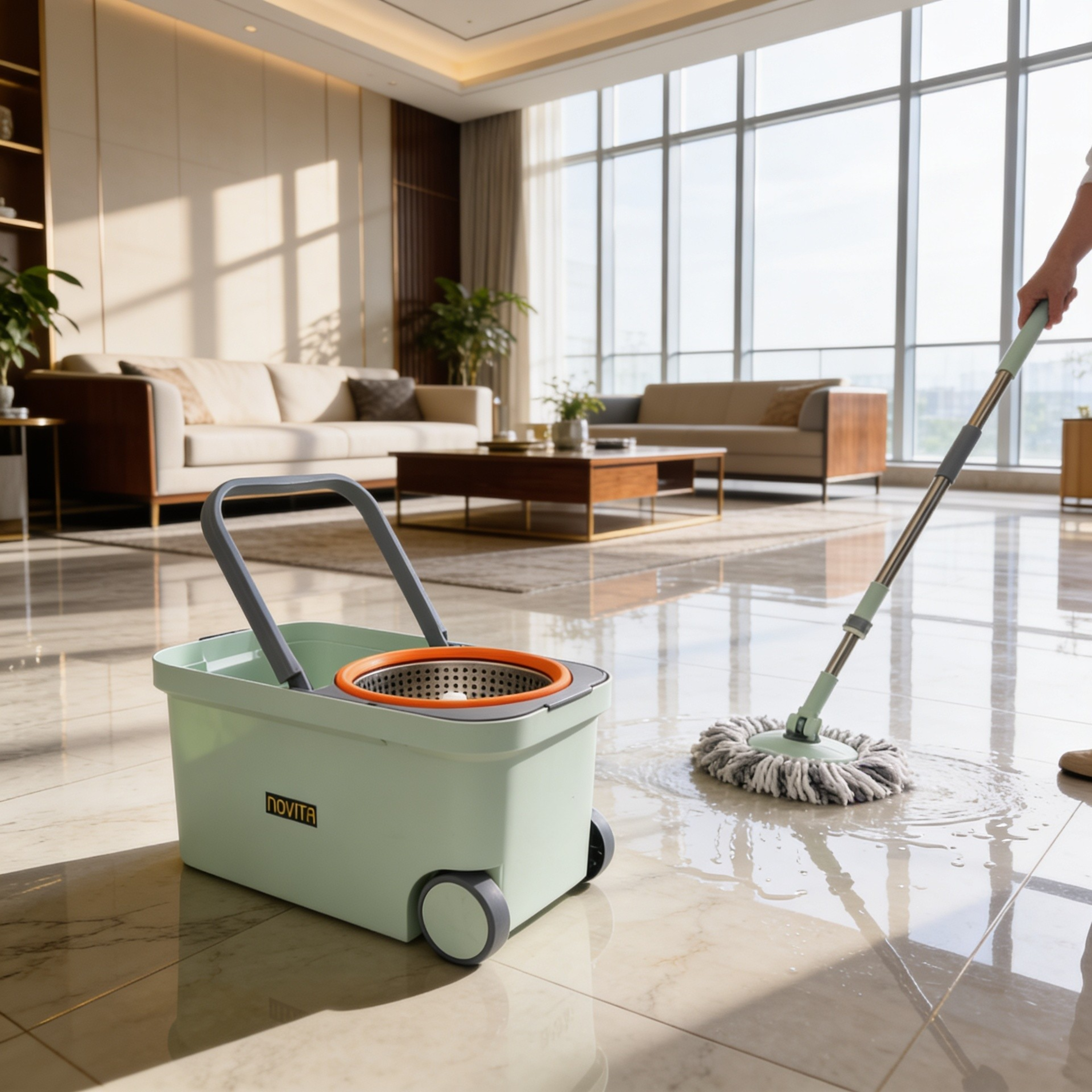 NOVITA 360° Premium Spin Mop & Bucket Set with Wheels, Steel Handle & 2 Microfiber Refills – Blue & Orange
